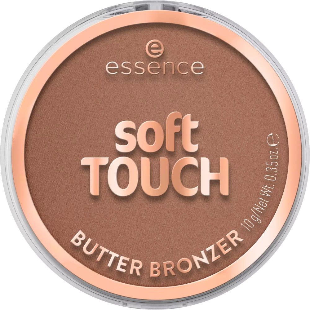 Runder Bronzer-Puder in Dose. Marke Essence, Schriftzug Soft Touch, Butter Bronzer. Braune Farbe.