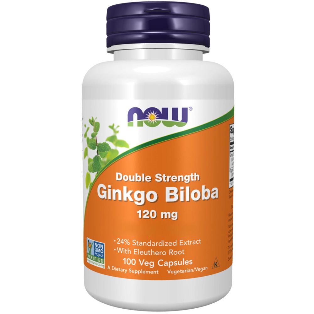 Weiße Flasche mit orangefarbenem Etikett. Aufschrift: Double Strength Ginkgo Biloba 120 mg, 100 Veg Capsules. Blauer Deckel.