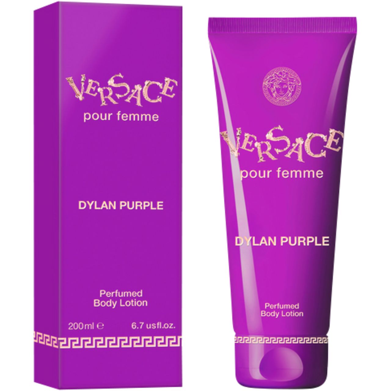 Lila Tube und Schachtel mit goldfarbenem Schriftzug. Aufschrift: Versace pour femme, Dylan Purple, Bodylotion.