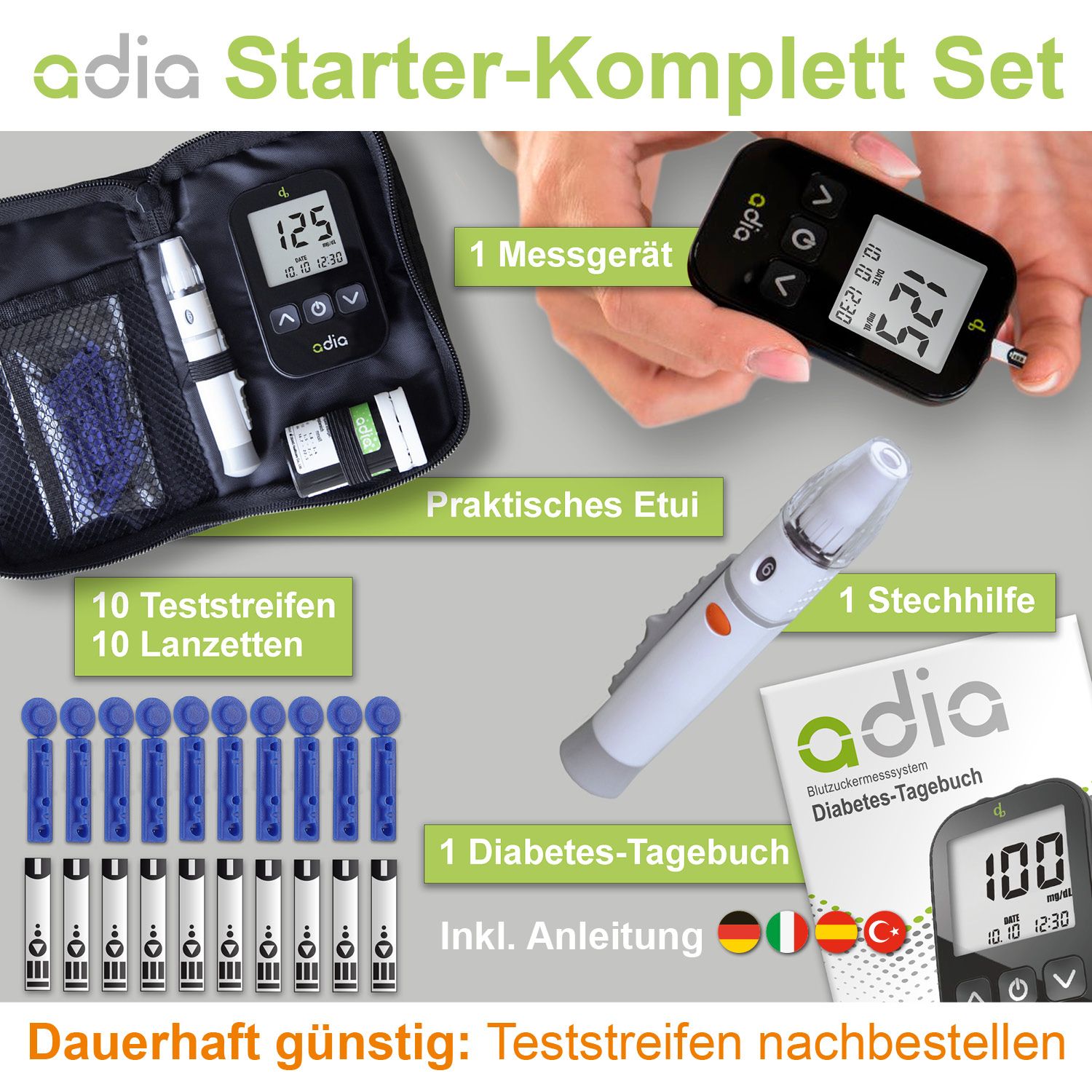 adia Blutzuckermessgerät-Set (mg/dl) zur Blutzucker-Kontrolle bei Diabetes