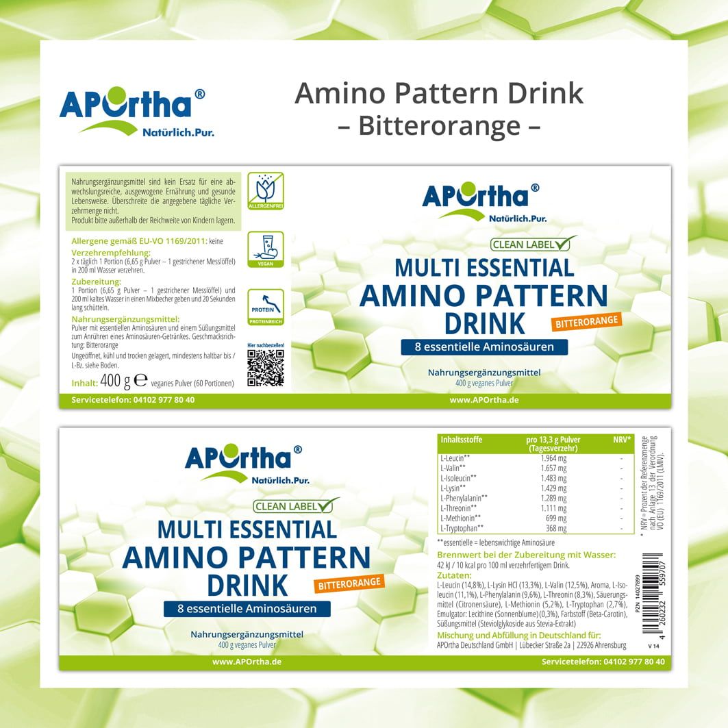 Produktverpackung mit Text. Text: APOrtha® Multi Essential Amino Pattern Drink, Bitterorange, 8 essentielle Aminosäuren. Nährwertangaben.