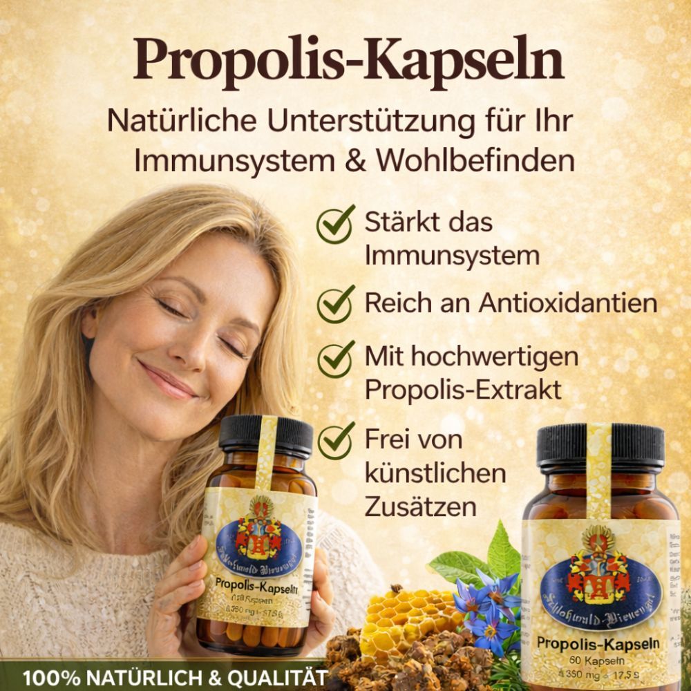 Frau hält zwei Flaschen Propolis-Kapseln. Text: Natürliche Unterstützung für Ihr Immunsystem & Wohlbefinden. Grüne Häkchen.
