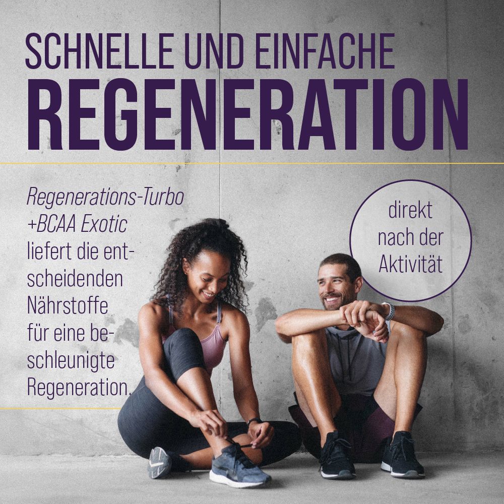 Mann und Frau sitzen nebeneinander. Text: Schnelle und einfache Regeneration. Regenerations-Turbo +BCAA Exotic liefert die entscheidenden Nährstoffe.