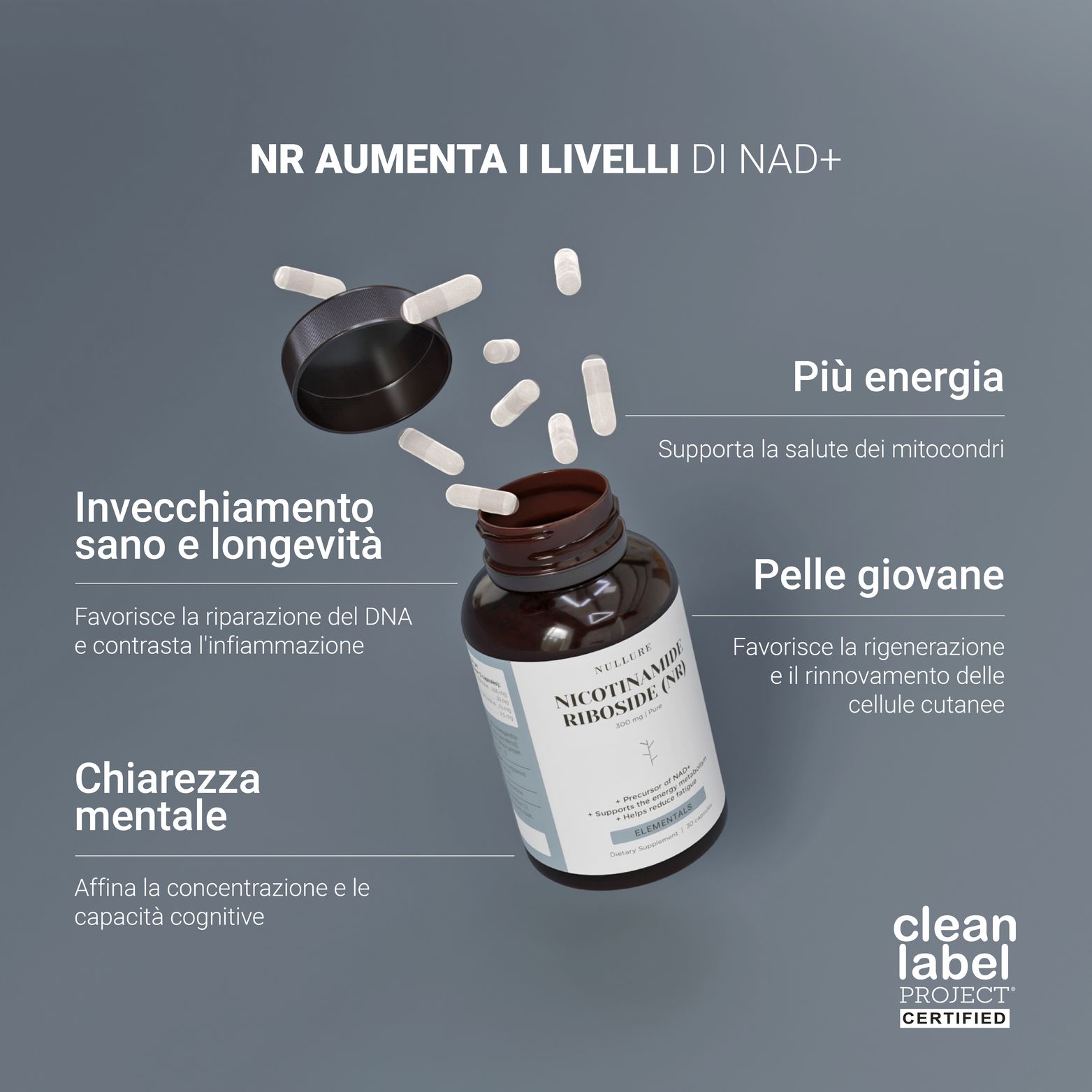 Braune Flasche mit Kapseln. Text: NR erhöht den NAD+. Mehr Energie, jugendliche Haut, mentale Klarheit. Clean Label Project zertifiziert.