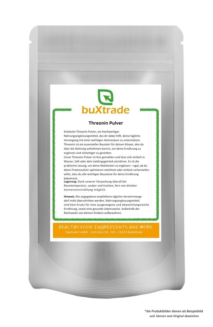 Beutel mit Threonin Pulver. Aufschrift: buXtrade, Threonin Pulver. Grüner Rahmen mit Text. Orangefarbener Streifen mit Text.
