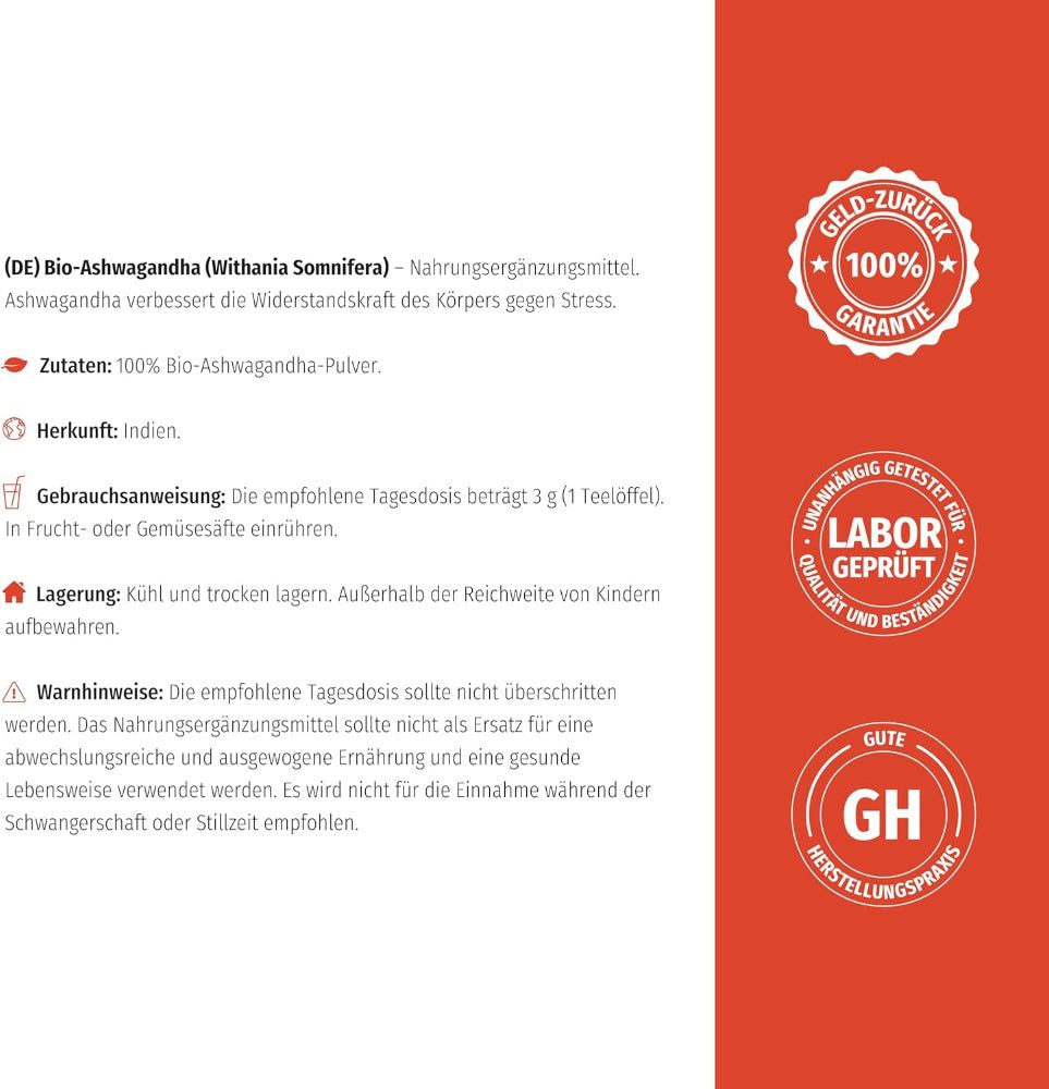 Text auf rotem Hintergrund. Informationen zu Bio-Ashwagandha, Inhaltsstoffen, Herkunft, Anwendung, Lagerung und Warnhinweisen.