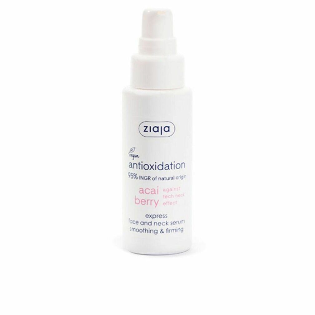 Weiße Flasche mit Zerstäuber. Aufschrift: Ziaja, antioxidative Wirkung, Acai-Beere, Express-Gesichts- und Hals-Serum.