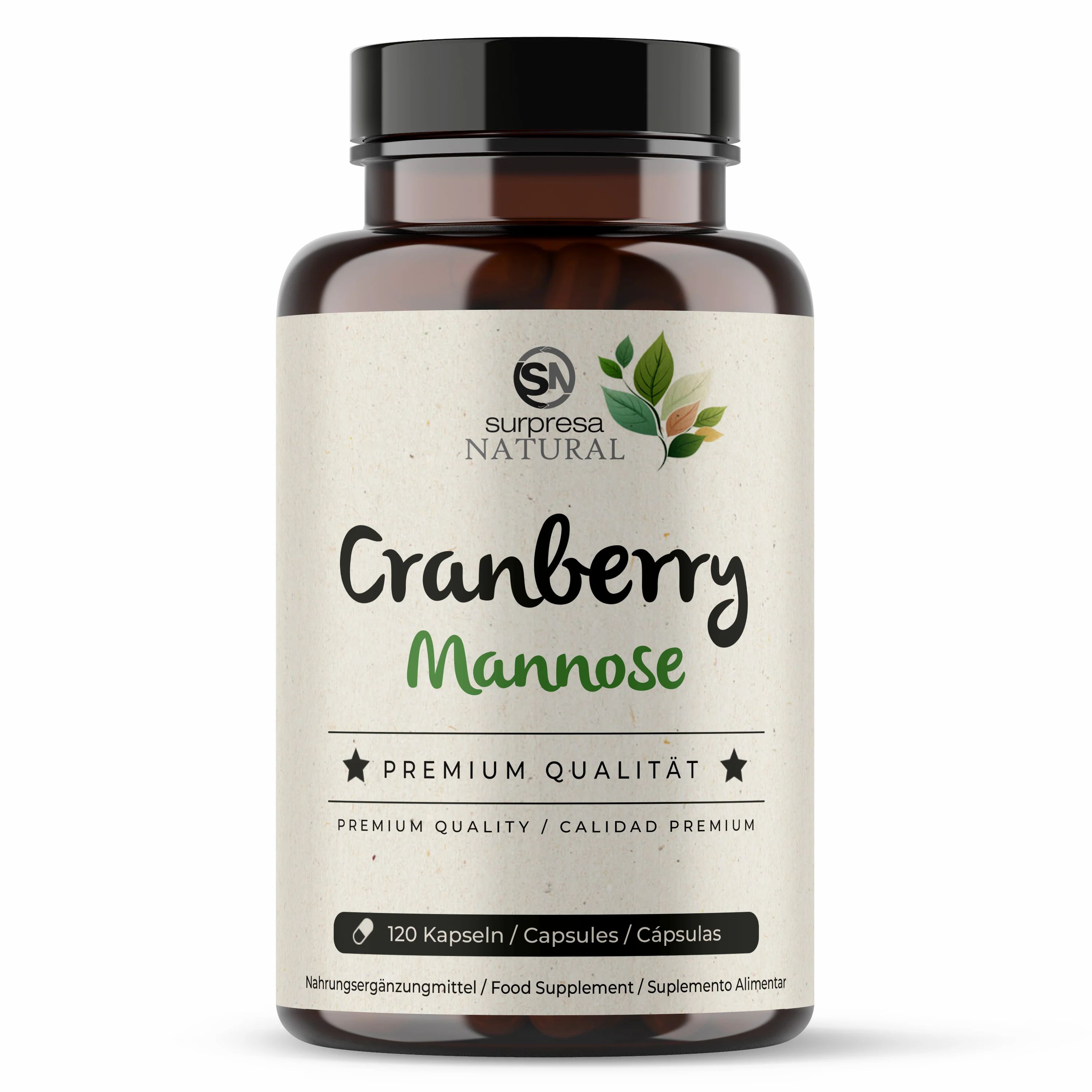 Braune Flasche mit schwarzem Deckel. Aufschrift: Cranberry Mannose. Premium Qualität. 120 Kapseln. Nahrungsergänzungsmittel.