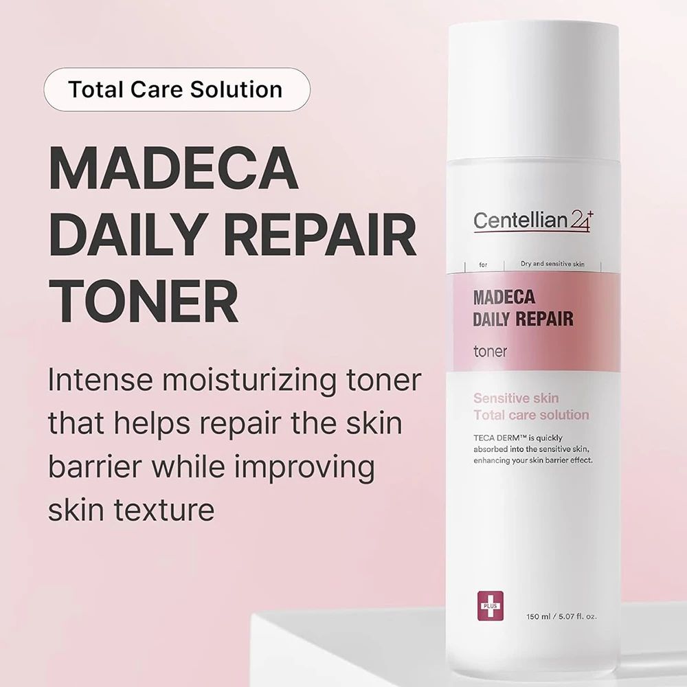 Produktflasche mit rosa Etikett. Text: MADECA DAILY REPAIR TONER. Marke: Centellian24. Für empfindliche Haut. Feuchtigkeitsspendend.