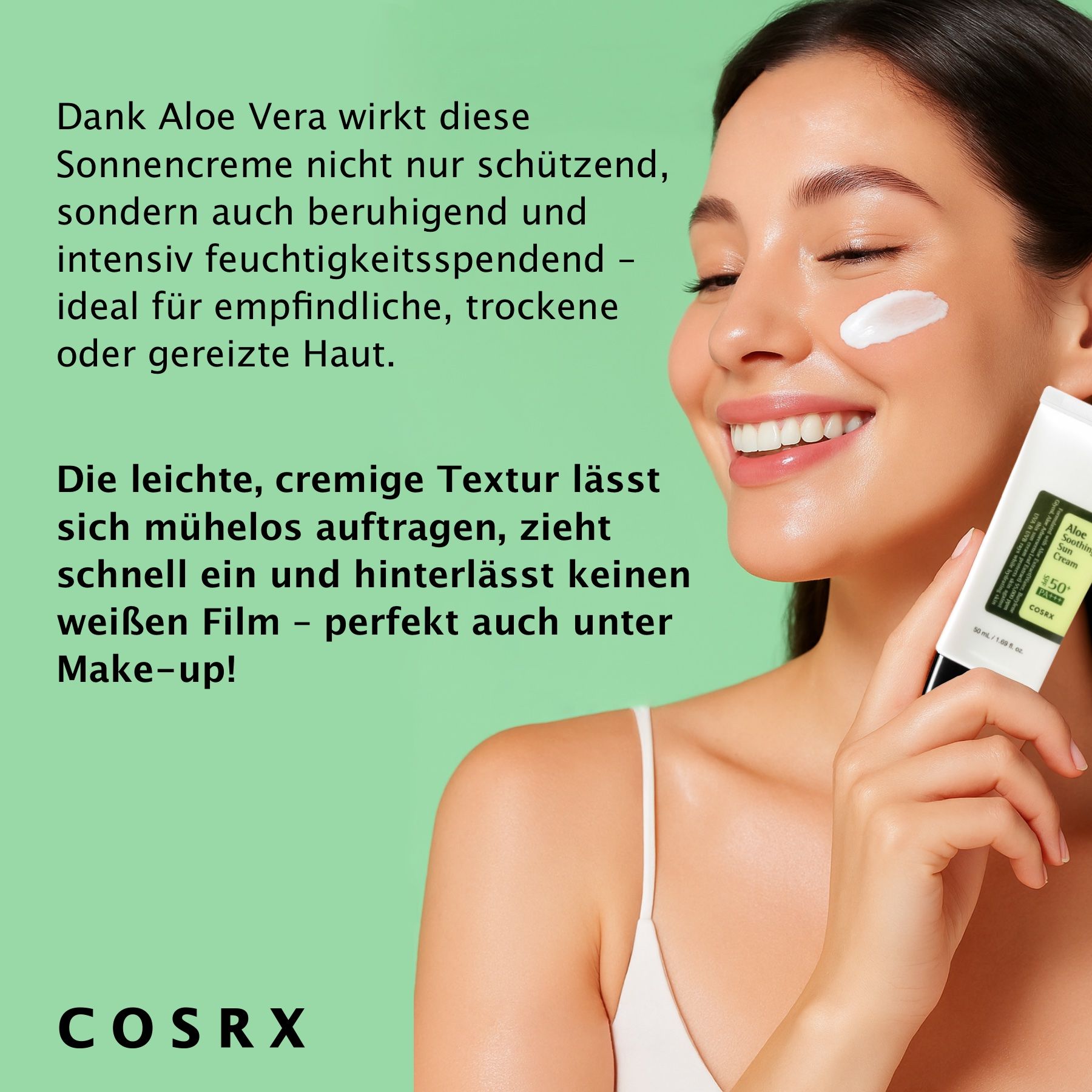 Frau hält Tube Sonnencreme. Text: Die leichte, cremige Textur lässt sich mühelos auftragen. COSRX Logo.
