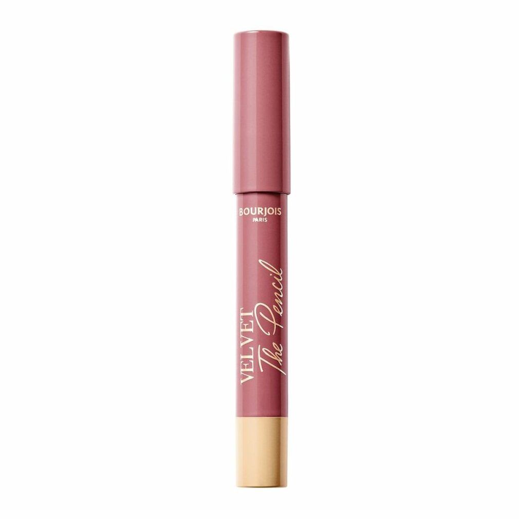 Lippenstiftstift in Rosa. Aufschrift: Bourjois Paris, Velvet The Pencil. Unterteil goldfarben.