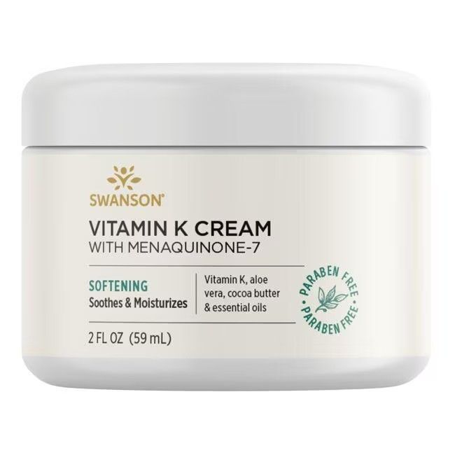Creme-Behälter mit Deckel. Aufschrift: SWANSON Vitamin K CREAM mit Menachinon-7. Enthält Aloe Vera, Kakaobutter und ätherische Öle. Parabenfrei.