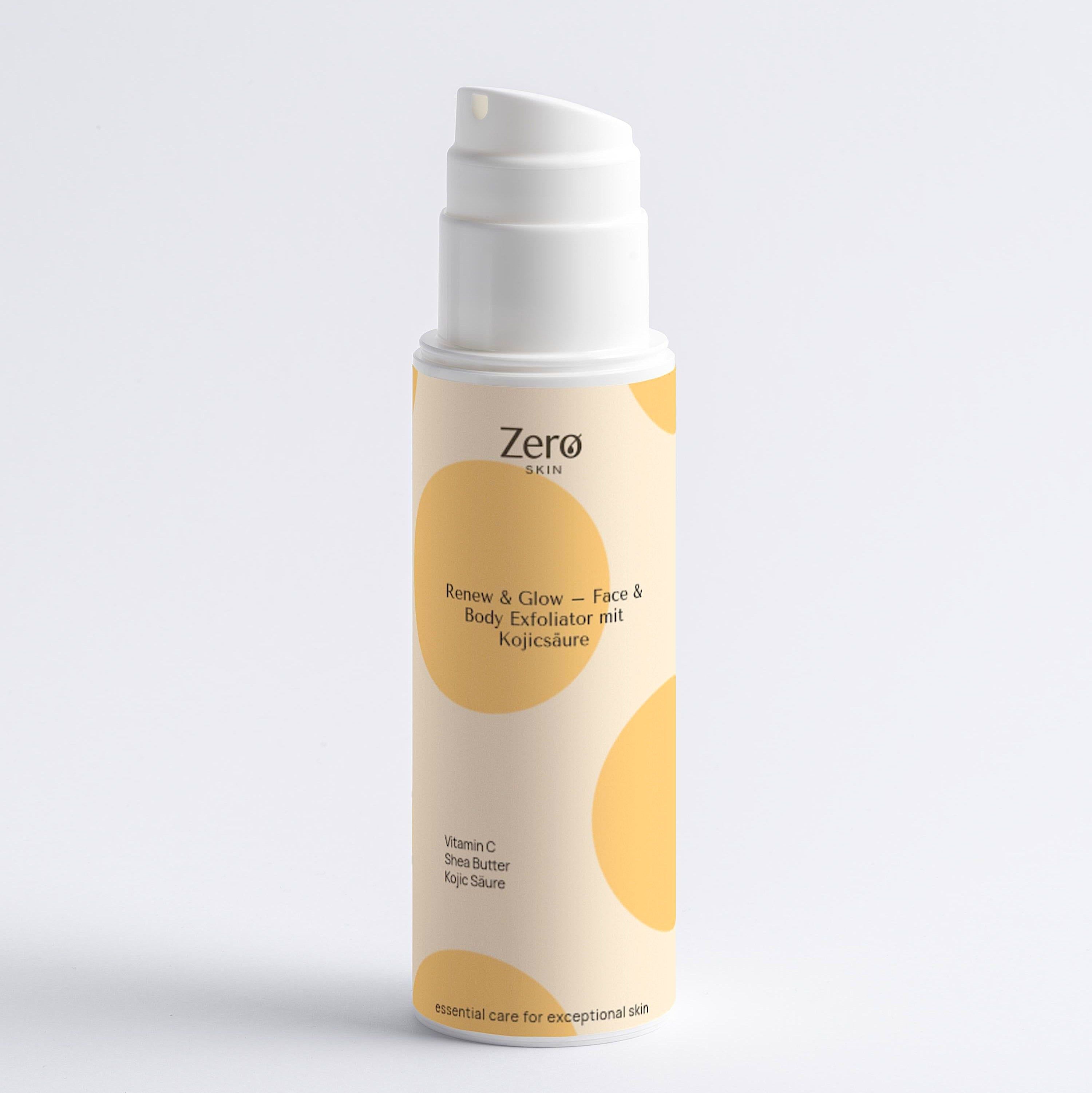 Zero Skin Renew & Glow Face & Body Exfoliator mit Kojicsäure in einem Pumpspender. Enthält Vitamin C, Sheabutter, Kojicsäure.