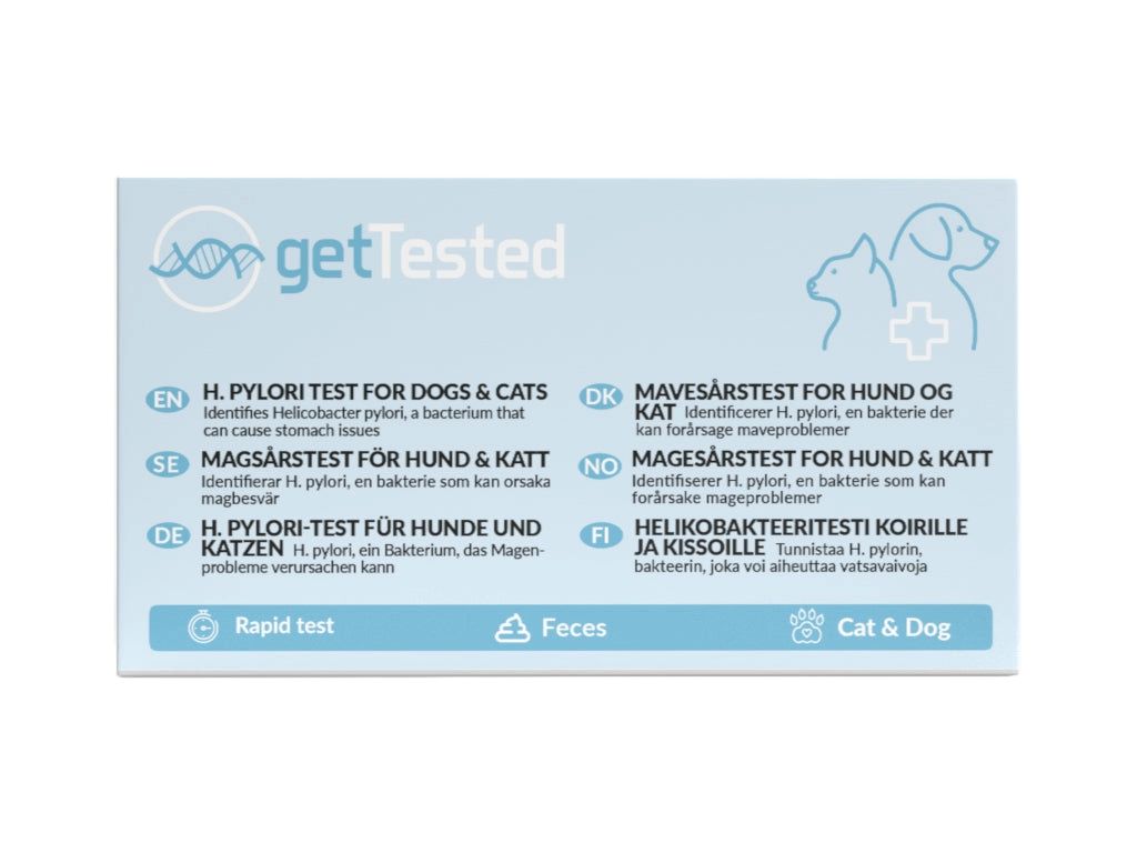 GetTested H. pylori-Test für Hunde und Katzen. Enthält Informationen in verschiedenen Sprachen. Mit Symbolen für Schnelltest, Kot und Katze/Hund.
