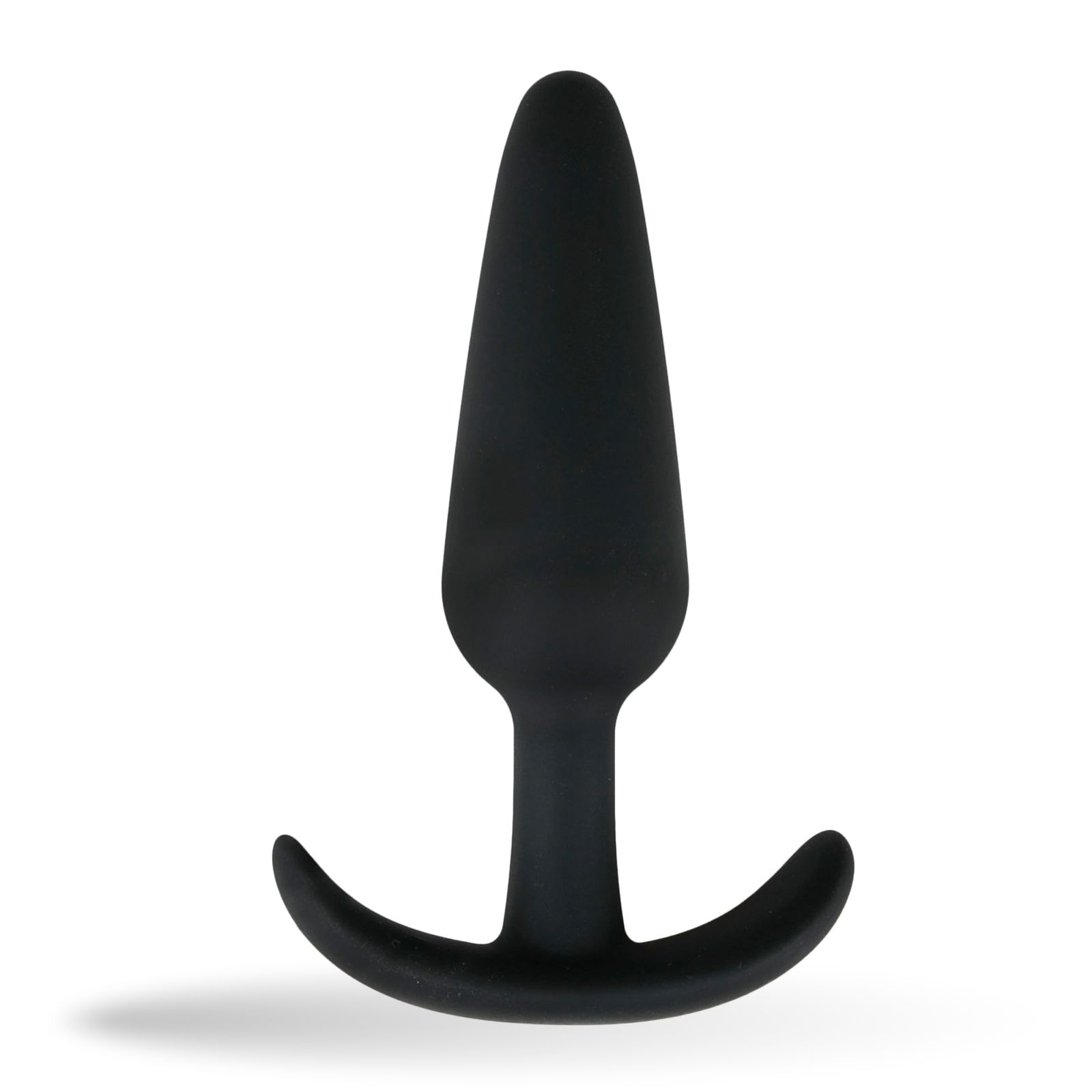 Schwarzer Analplug aus Silikon mit Griff. Kegelförmig.