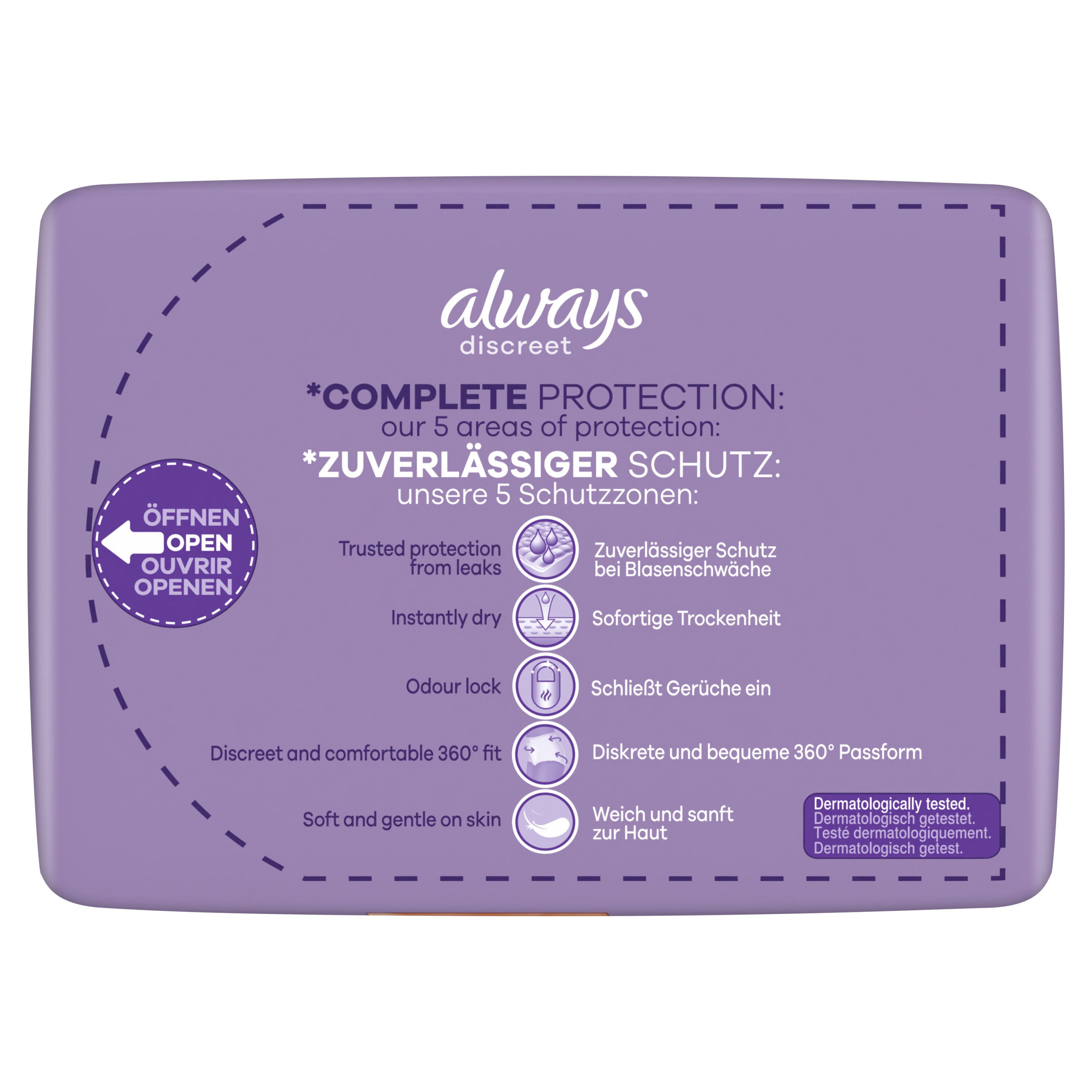 Vorderseite der Always Discreet Normal Verpackung. Zeigt 5 Schutzbereiche, Produktmerkmale und Markennamen.