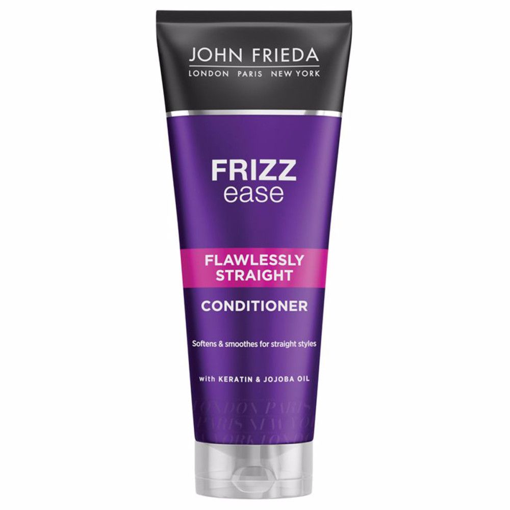 Conditioner-Tube mit John Frieda-Logo. Lila-farbenes Design mit Schriftzug Frizz Ease, Flawlessly Straight und Conditioner.