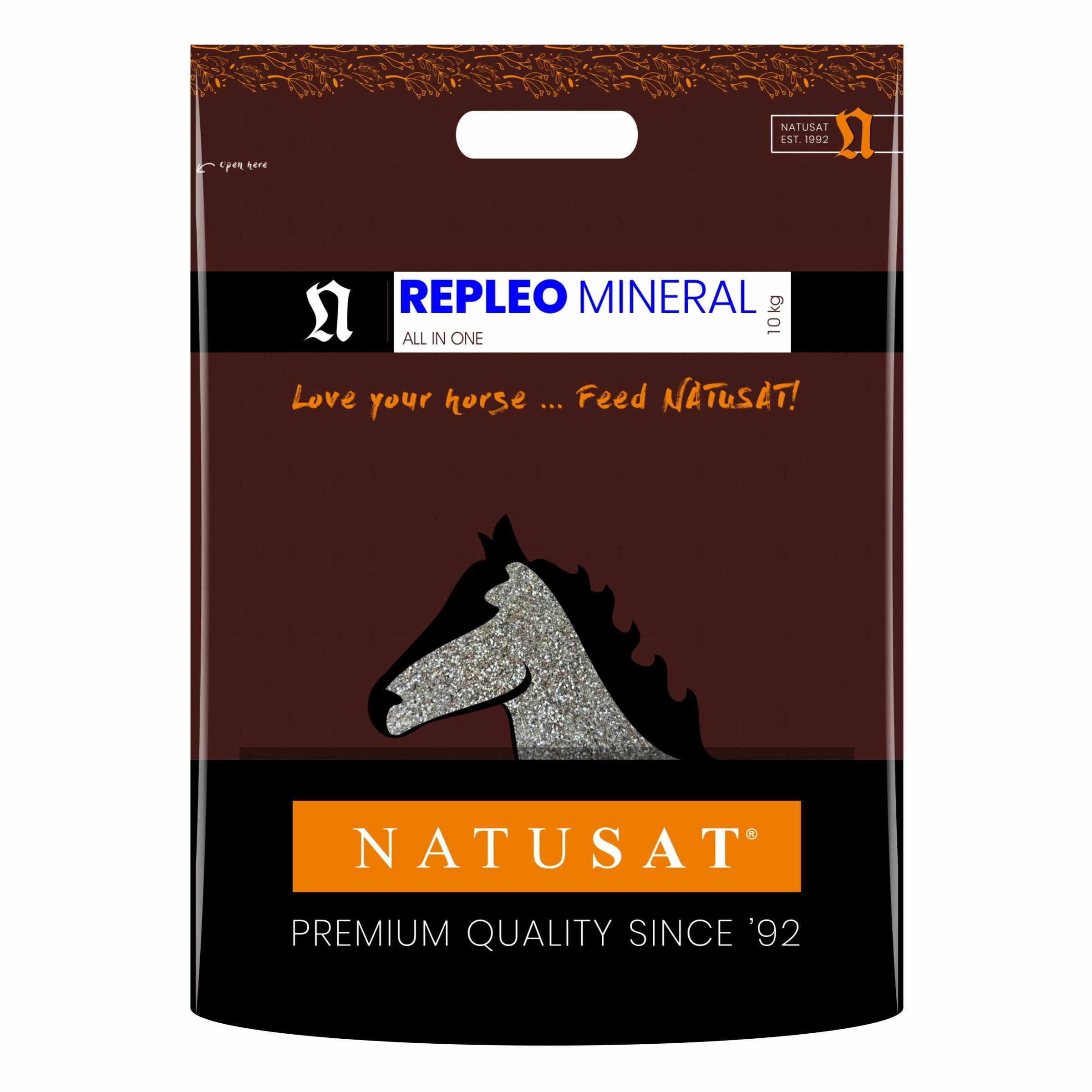 Braune Verpackung mit Produktnamen und Pferde-Silhouette. Text: REPLEO MINERAL, NATUSAT, Premium Quality.