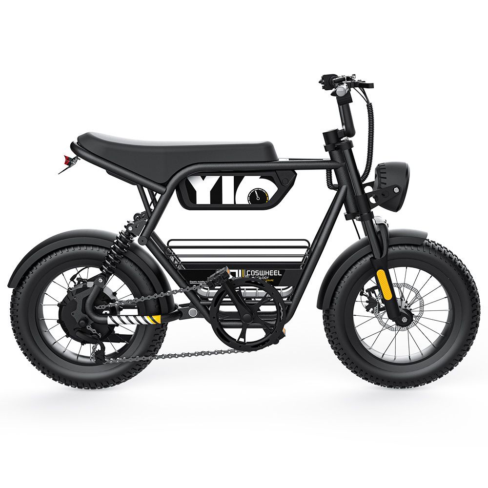 Schwarzes Elektrofahrrad mit runden Scheinwerfern, breiten Reifen und Gepäckträger. COSWHEEL-Logo sichtbar.