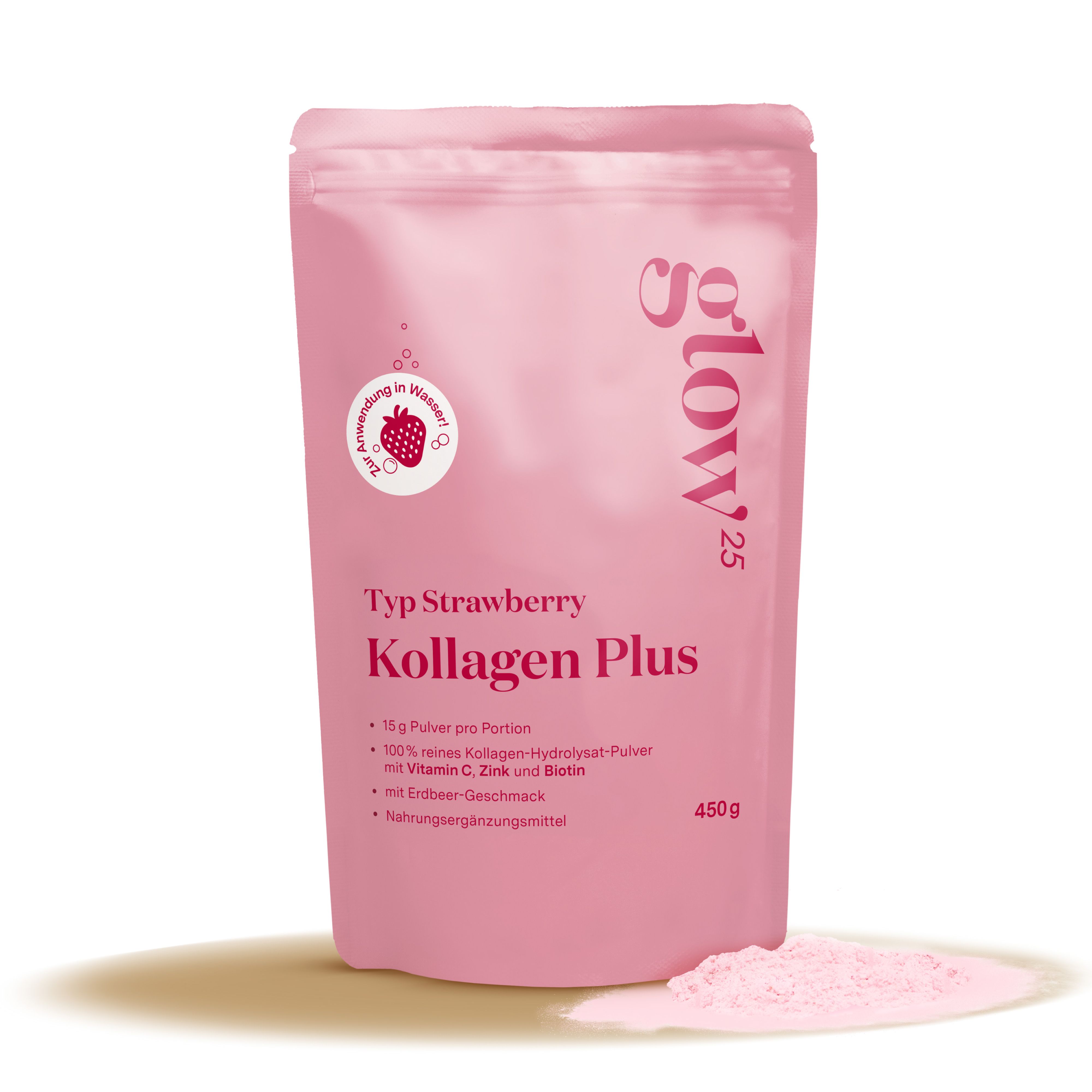 Rosa Beutel mit "Glow25" und "Kollagen Plus Typ Strawberry". 450g Packung. Erdbeer-Logo. Pulver daneben.