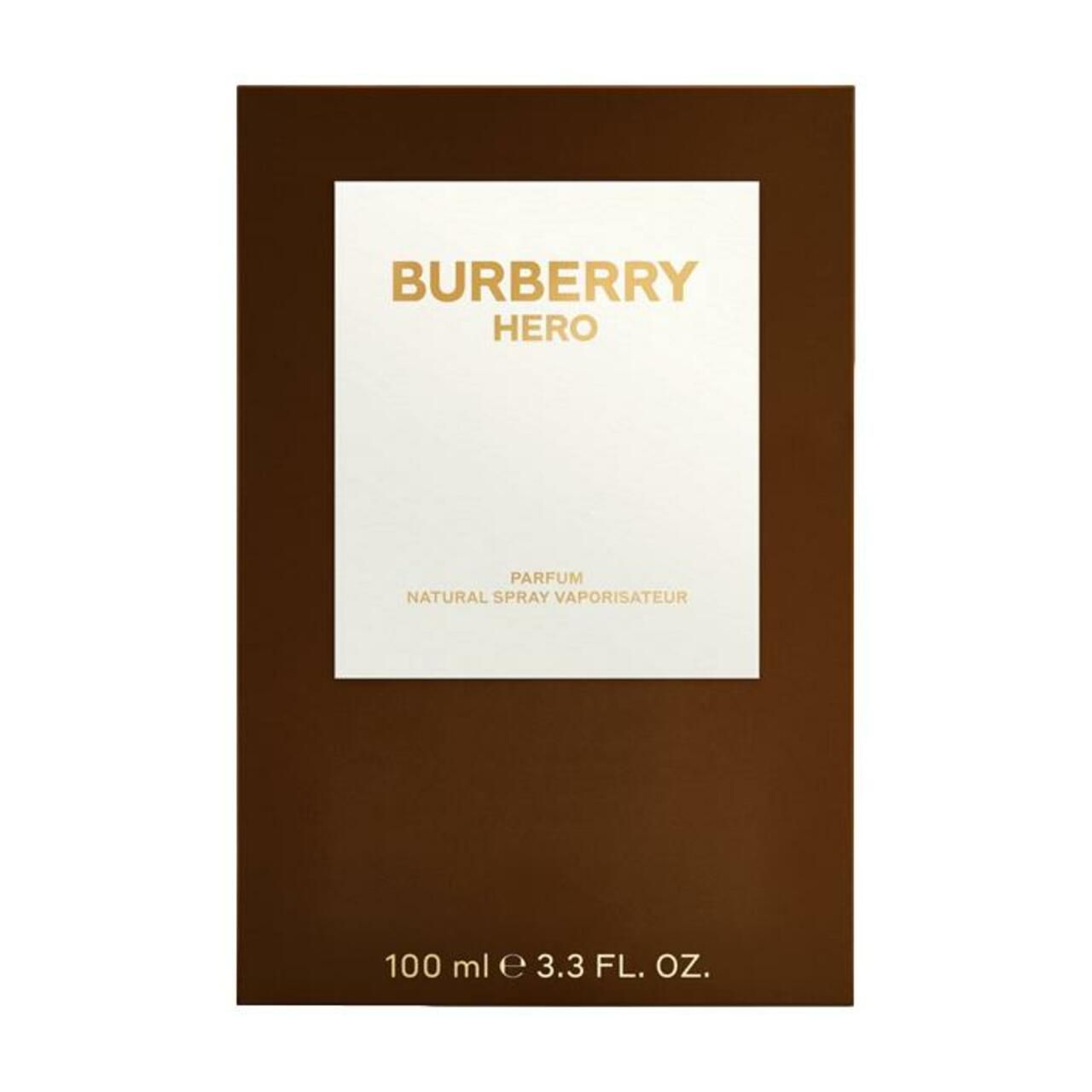 Burberry Hero Parfum Nat. Spray Verpackung. Braune Box mit weißem Feld und goldenem Schriftzug.
