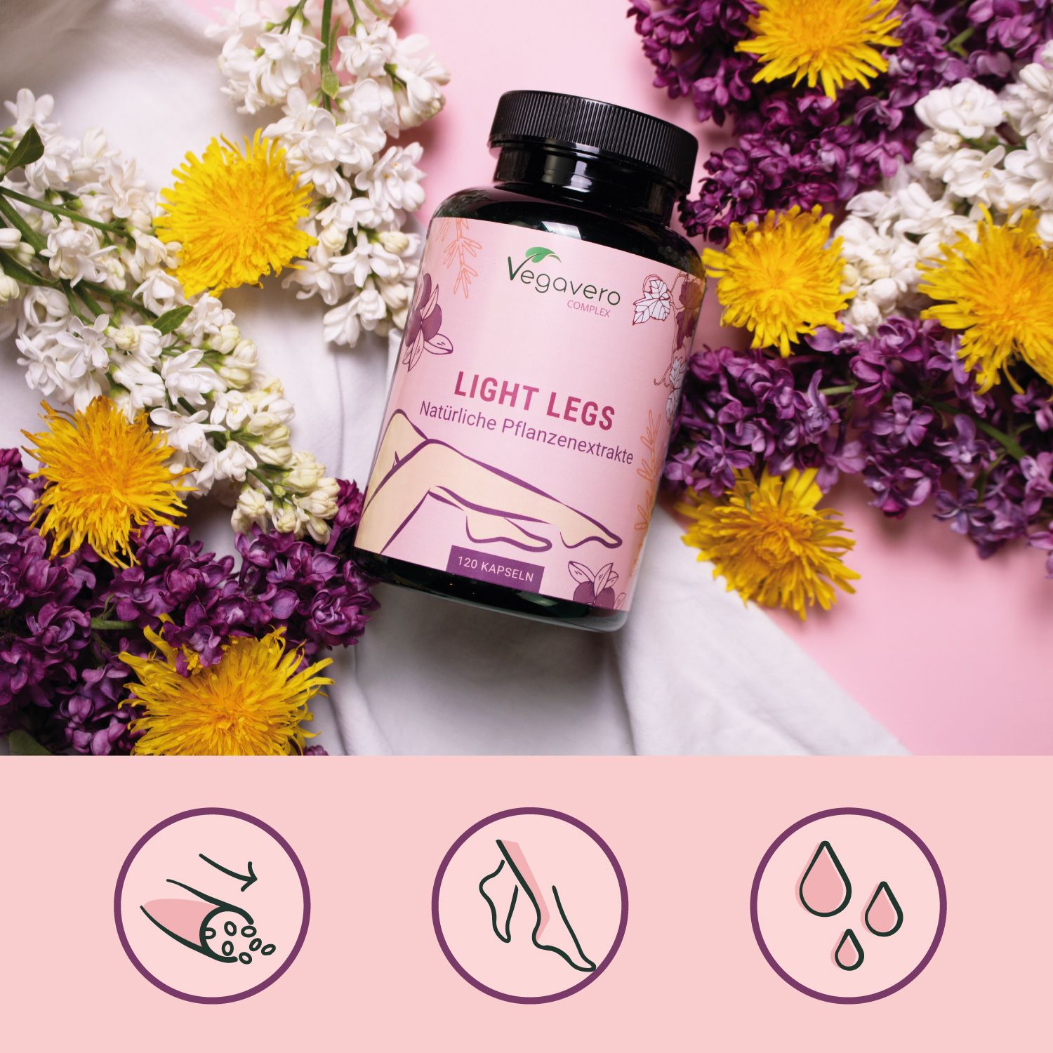 Produktflasche umgeben von Blumen. Aufschrift: Vegavero, Light Legs, 120 Kapseln. Rosa Etikett mit Bein-Illustration.