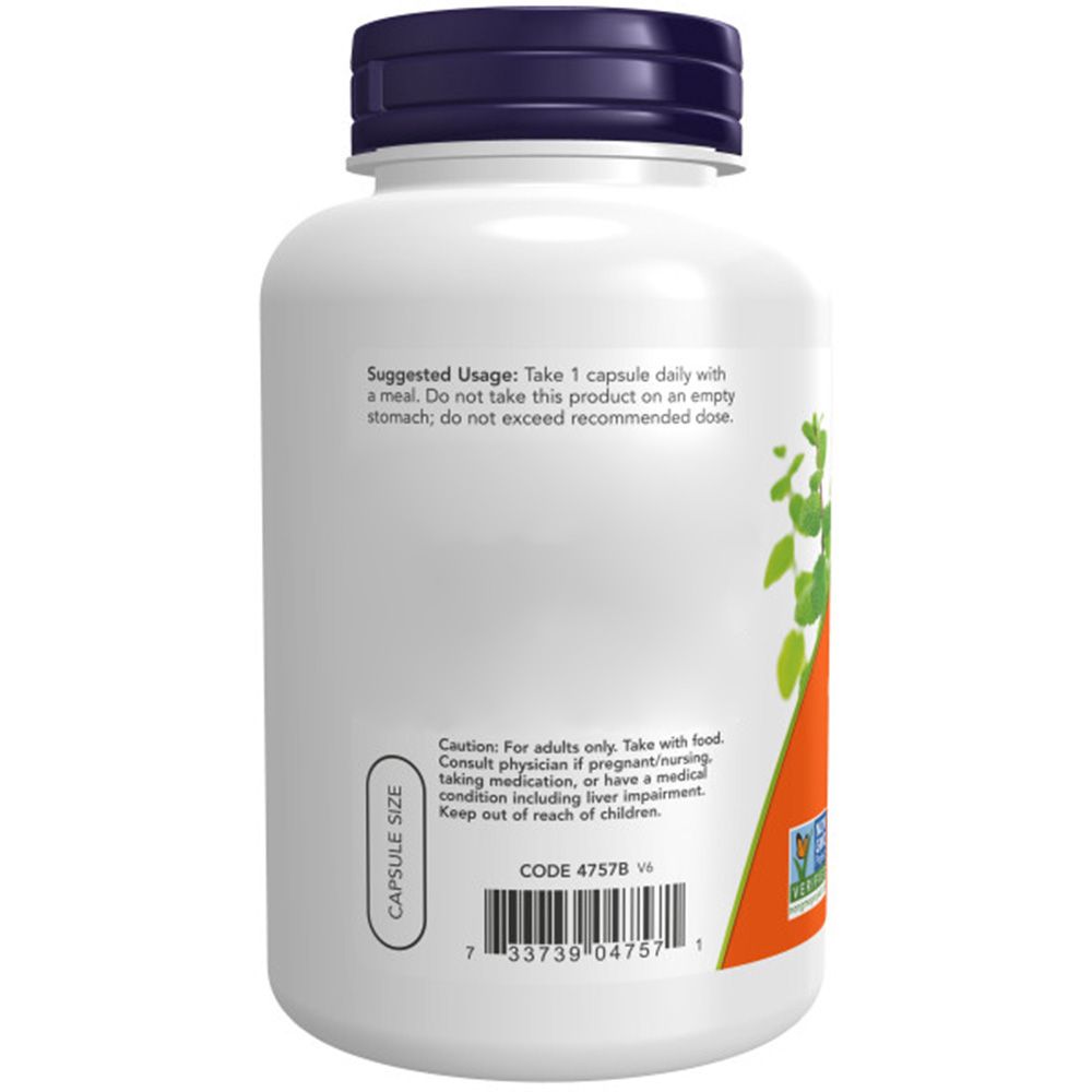 Rückansicht der Flasche. Aufschrift: Suggested Usage. Barcode und Zertifizierung.