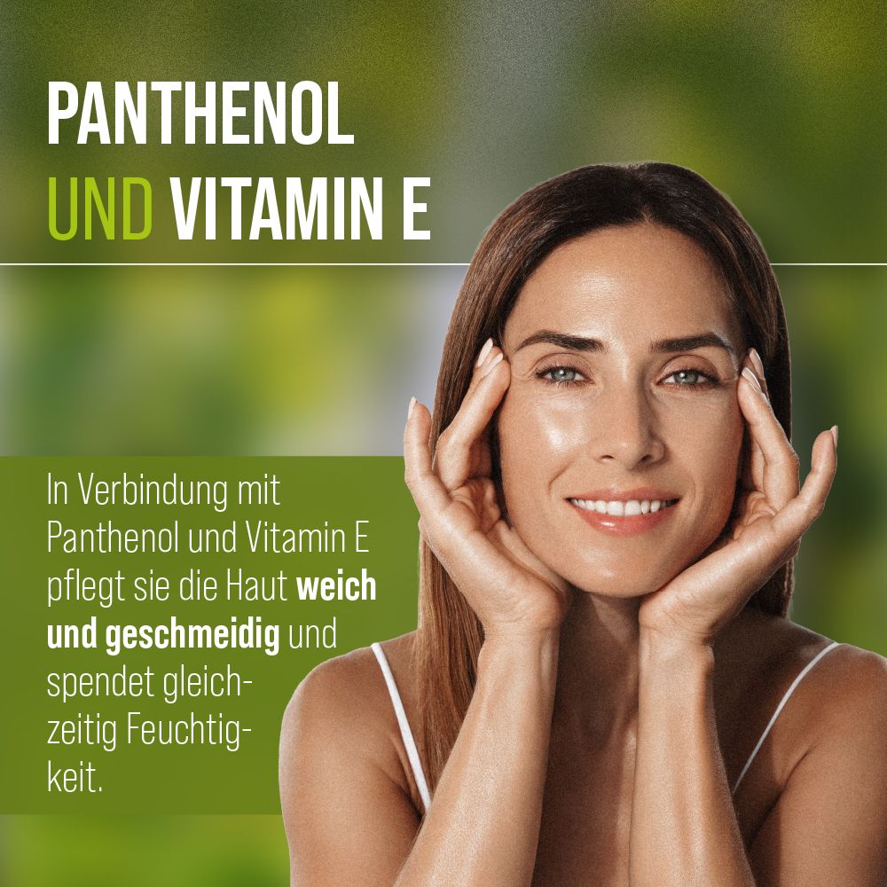 Eine Frau mit gepflegter Haut, die die Vorteile von Panthenol und Vitamin E hervorhebt.