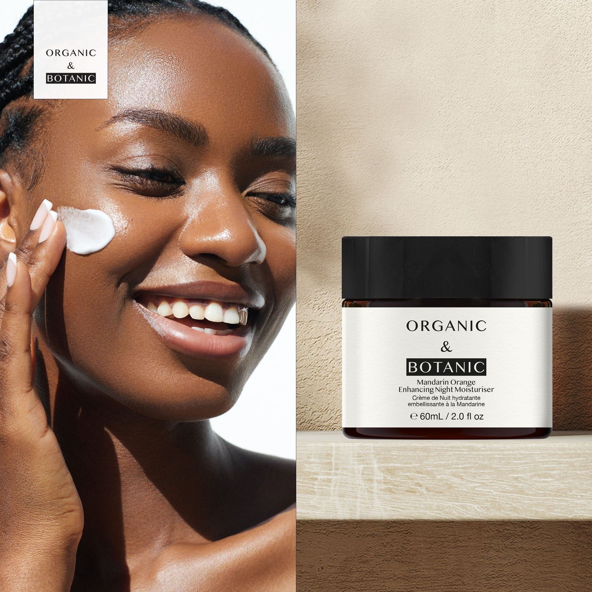 Frau trägt Produkt auf. Dose mit "ORGANIC & BOTANIC" neben ihr. Produktanwendung.
