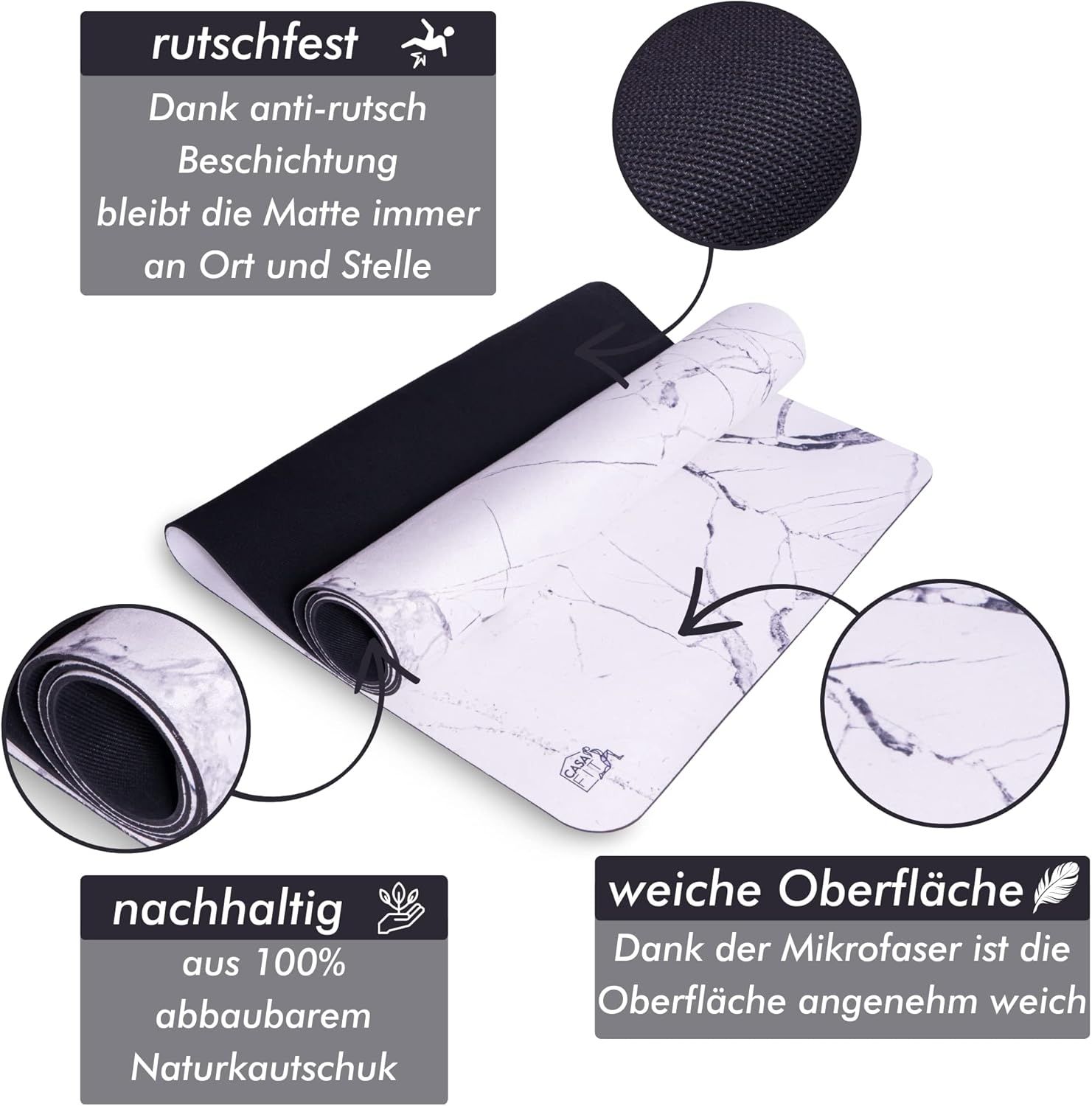 Yogamatte mit Marmormuster, teilweise gerollt. Schwarze Unterseite. Text: rutschfest, nachhaltig, weiche Oberfläche.