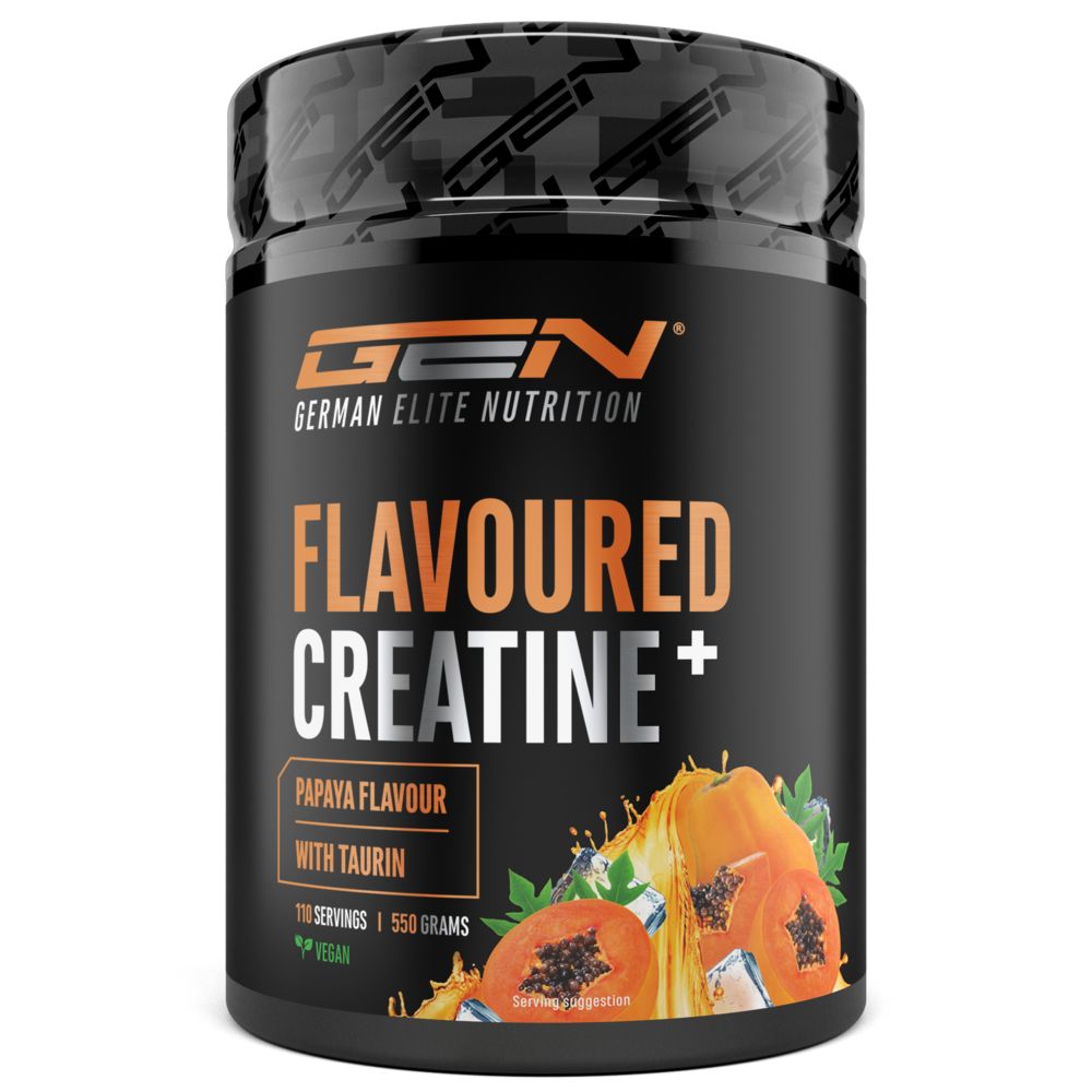 Schwarze Dose GEN Flavoured Creatine+. Papaya-Geschmack. 110 Portionen. 550 Gramm. Vegan.