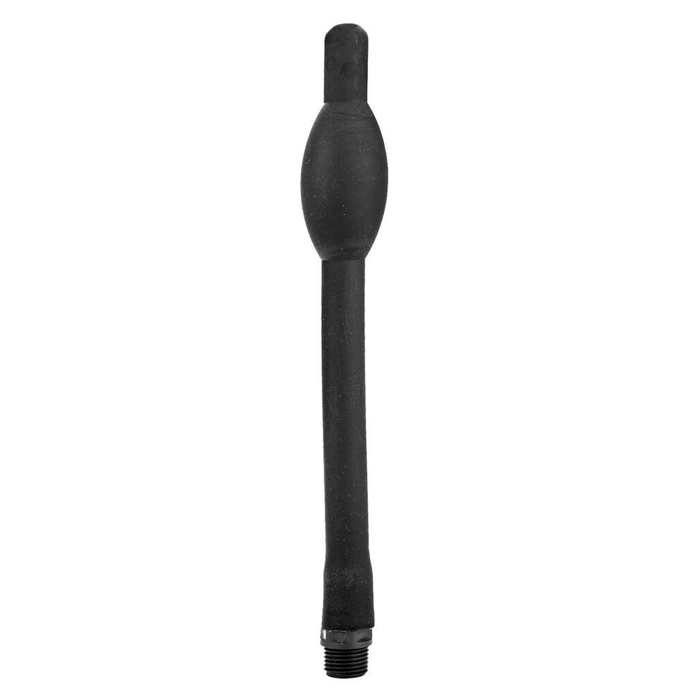 Schwarze Analsonde mit birnenförmigem Kopf und langem Schaft. Gewindeteil am Ende. Aus Gummi oder ähnlichem Material.