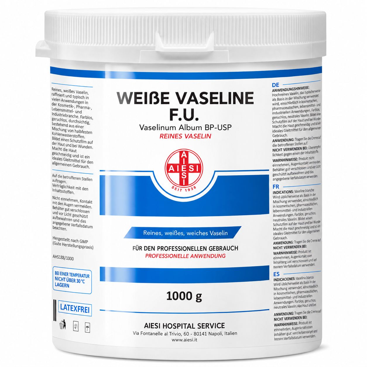Ein 1000g Behälter mit weißer Vaseline. Text: Weiße Vaseline F.U. Vaselinum Album BP-USP. Für den professionellen Gebrauch.