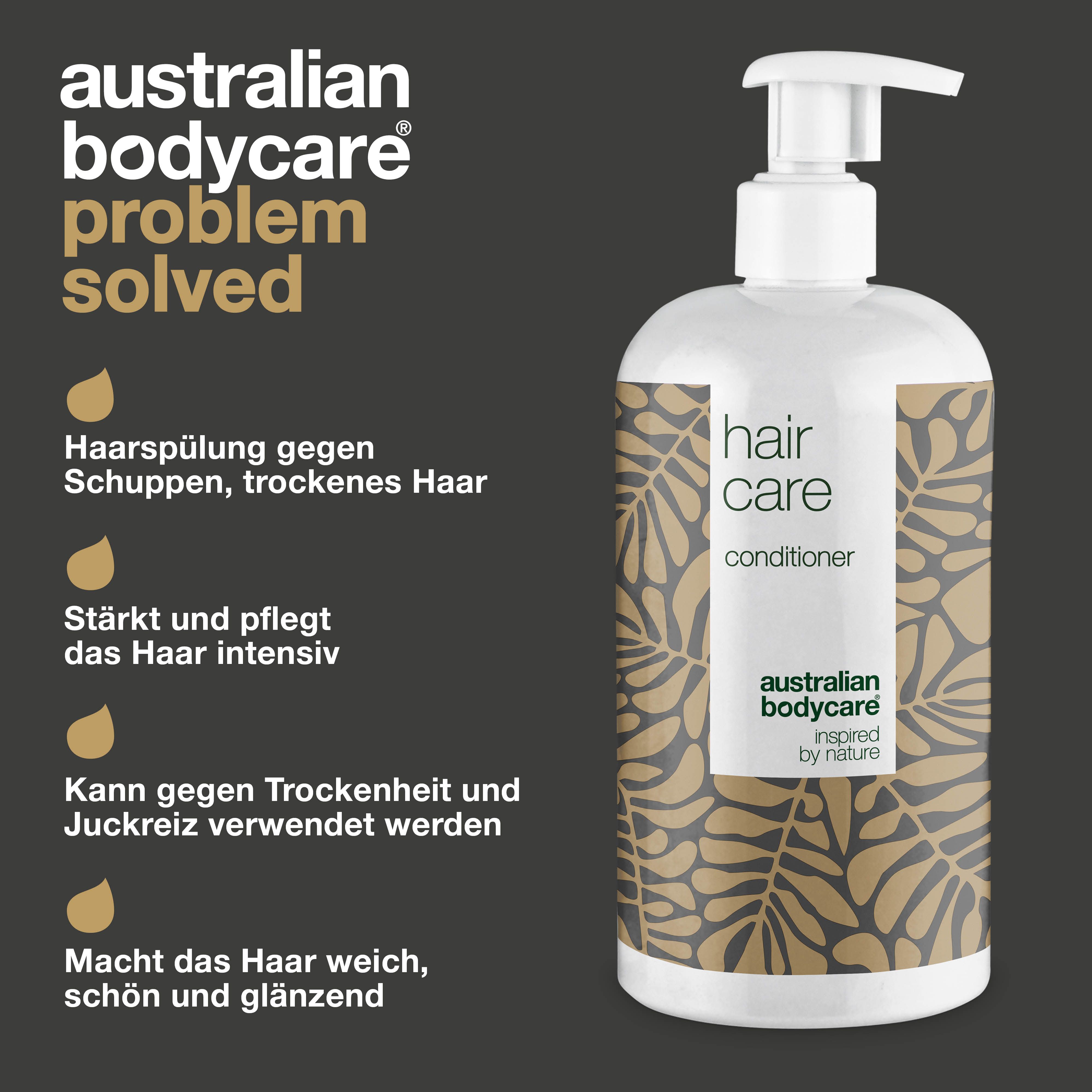 Flasche Conditioner. Text: Hair Care, Australian Bodycare. Text: Haarpflege gegen Schuppen, trockene Haare, stärkt, pflegt, glänzend.