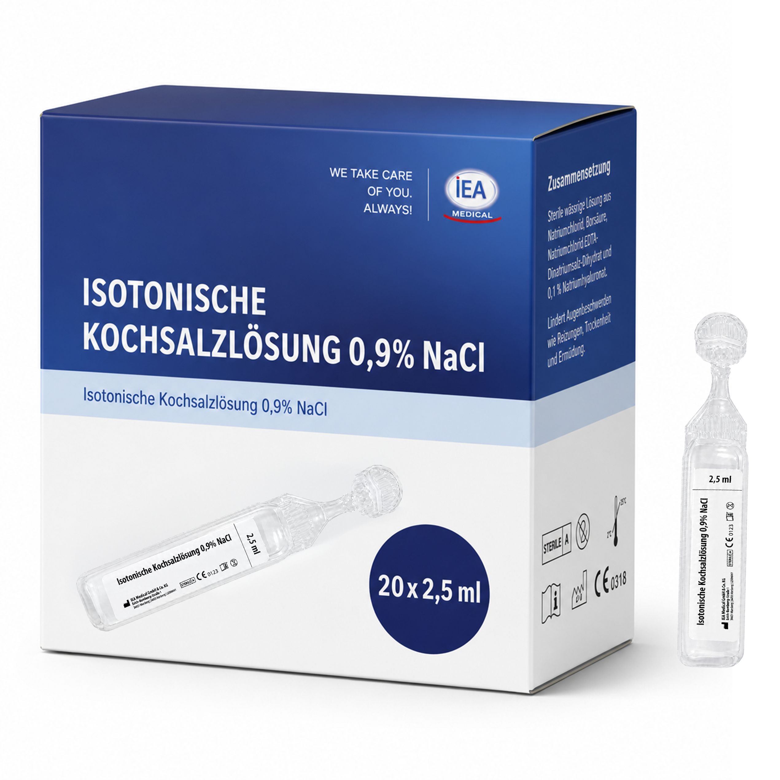 IEA Medical Kochsalzlösung zum Inhalieren: Karton mit 20x 2,5ml Ampullen und einer einzelnen Ampulle.
