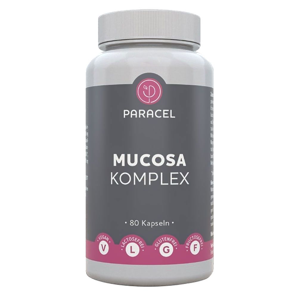 Weiße Flasche mit Kapseln. Aufschrift: PARACEL, MUCOSA KOMPLEX, 80 Kapseln. Vegan, laktosefrei, glutenfrei, fructosefrei.