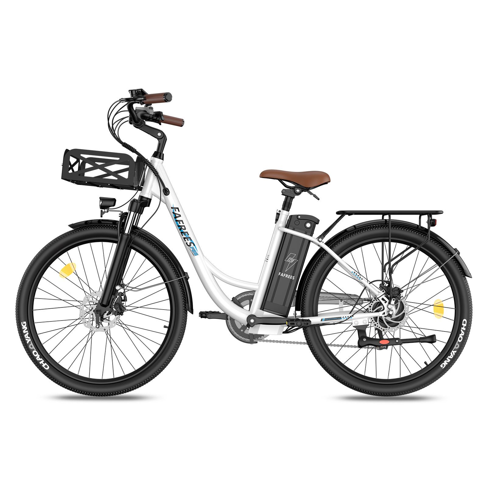 Fafrees F26 E-Bike, weiß, mit Korb. Schwarze Reifen, brauner Sattel und Lenkergriffe. Akku am Rahmen. Gepäckträger.