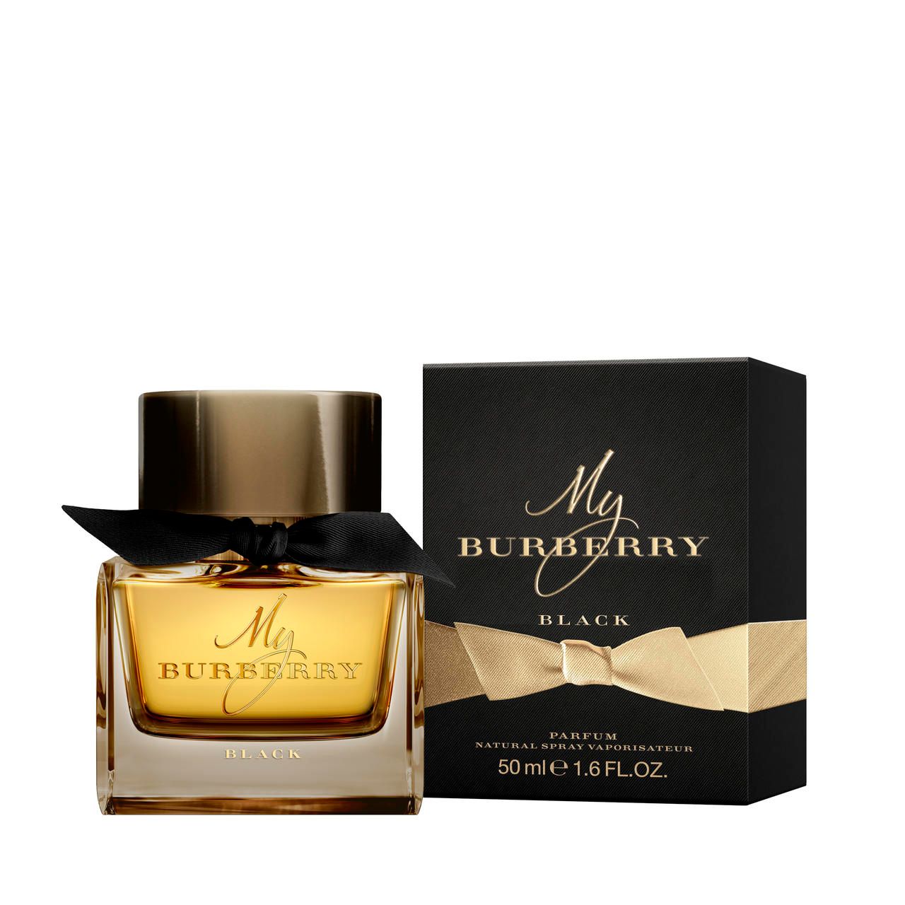 Burberry My Burberry Black E.d.P. Nat. Spray mit Verpackung. Schwarzer Karton mit goldener Schleife und Produktnamen.