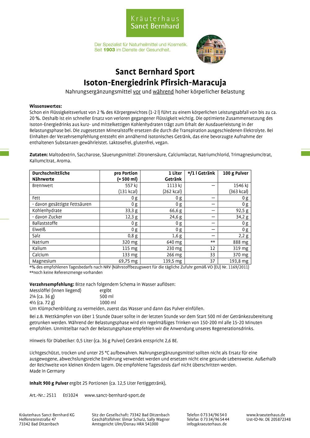 Text mit Informationen zu Sanct Bernhard Sport Isoton-Energiedrink Pfirsich-Maracuja. Enthält Nährwertangaben und Zutatenliste.