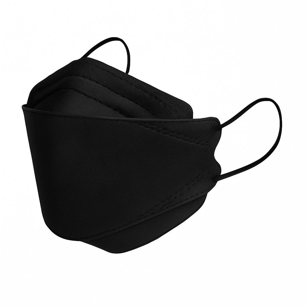 Schwarze Gesichtsmaske mit Ohrschlaufen. Dreidimensionale Form. Auf weißem Hintergrund.