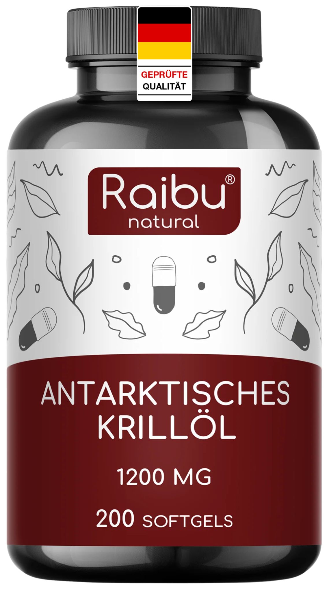 Flasche mit Krillöl-Kapseln. Aufschrift: Antarktisches Krillöl, 1200 mg, 200 Softgels. Mit deutschem Qualitätssiegel.