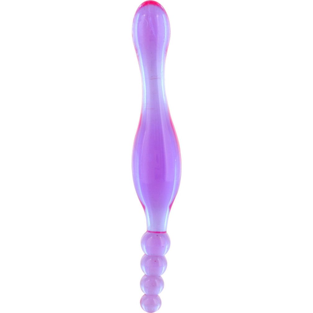 Lila Jelly Smoothy Prober. Transparente Form mit glatter Oberfläche und Perlen am Ende.