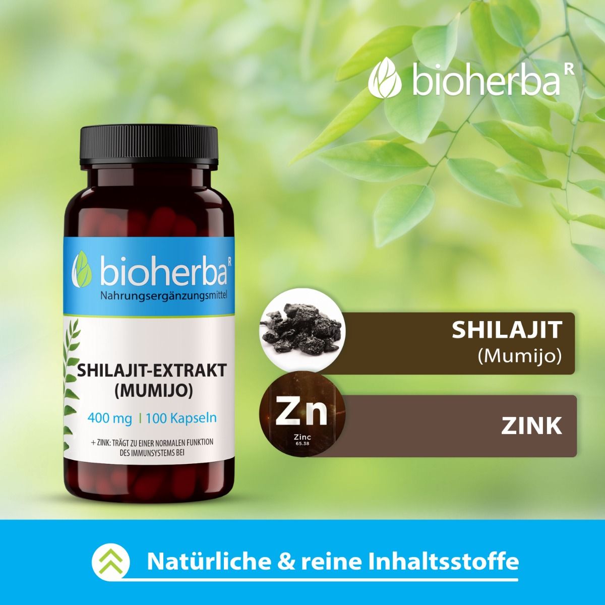 Braune Flasche mit schwarzen Deckel. Enthält Shilajit-Extrakt (Mumijo). Marke: bioherba. 400 mg | 100 Kapseln. Mit Shilajit und Zink.