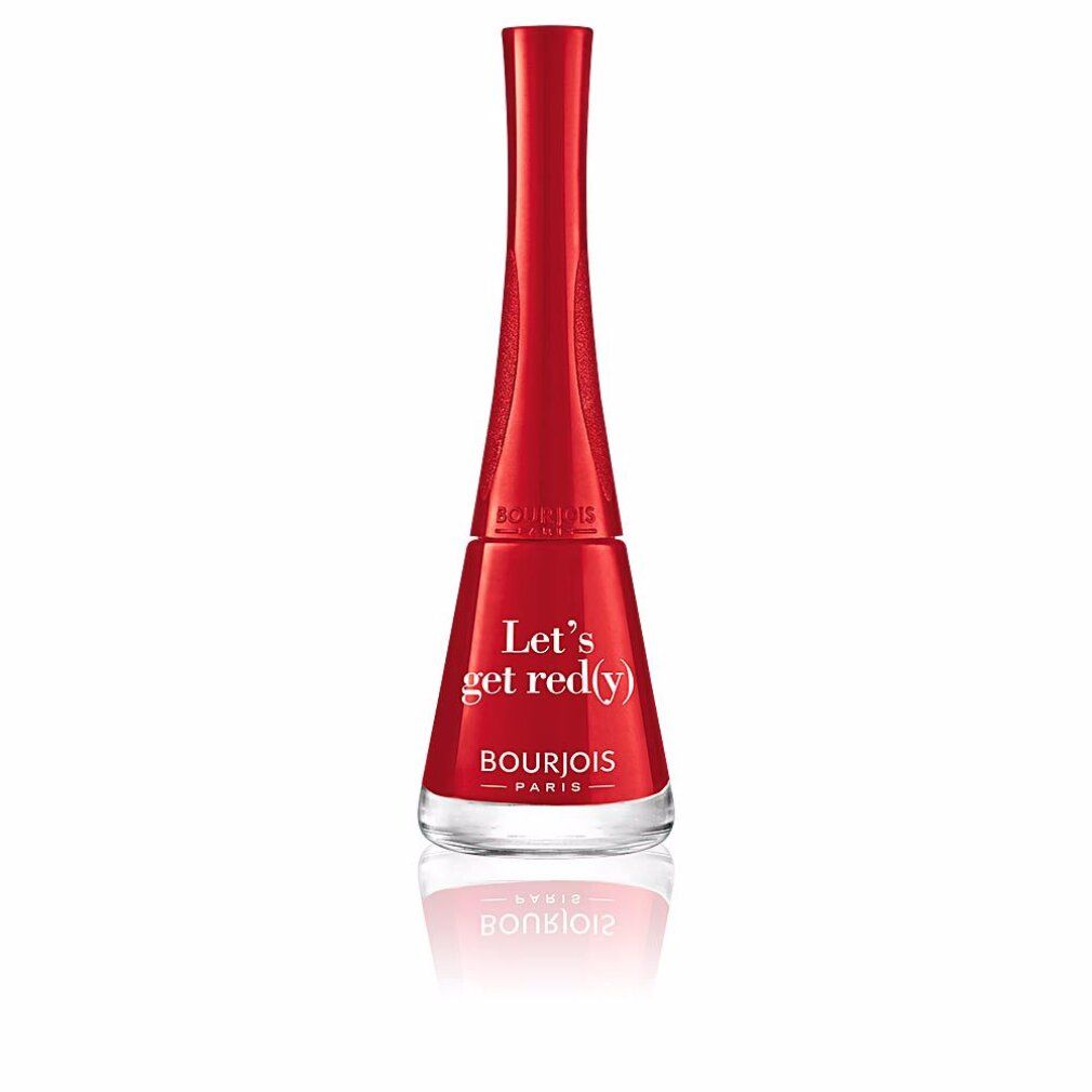 Roter Nagellackflakon. Aufschrift: Let's get red(y). Marke: Bourjois Paris. Flakon mit rotem Deckel und transparentem Boden.