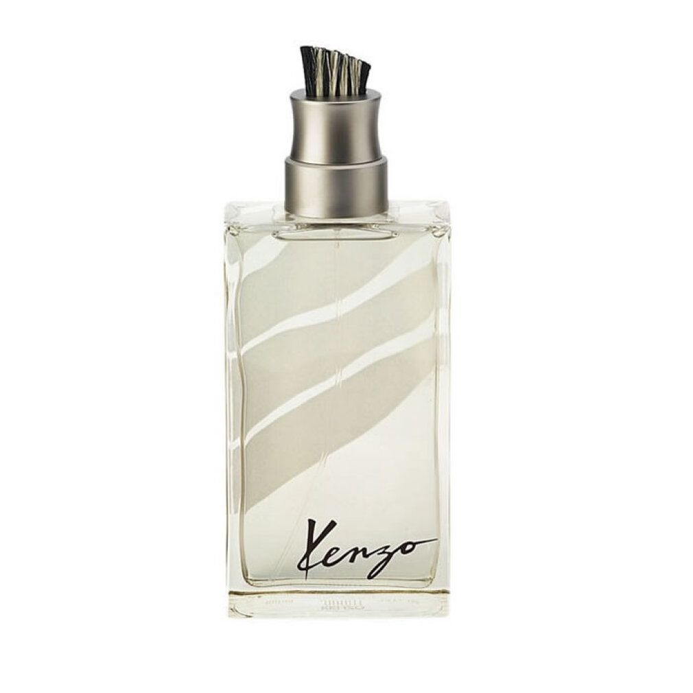 Kenzo Jungle Homme Eau de Toilette Flakon. Rechteckige, transparente Flasche mit silbernem Verschluss. Kenzo-Logo.