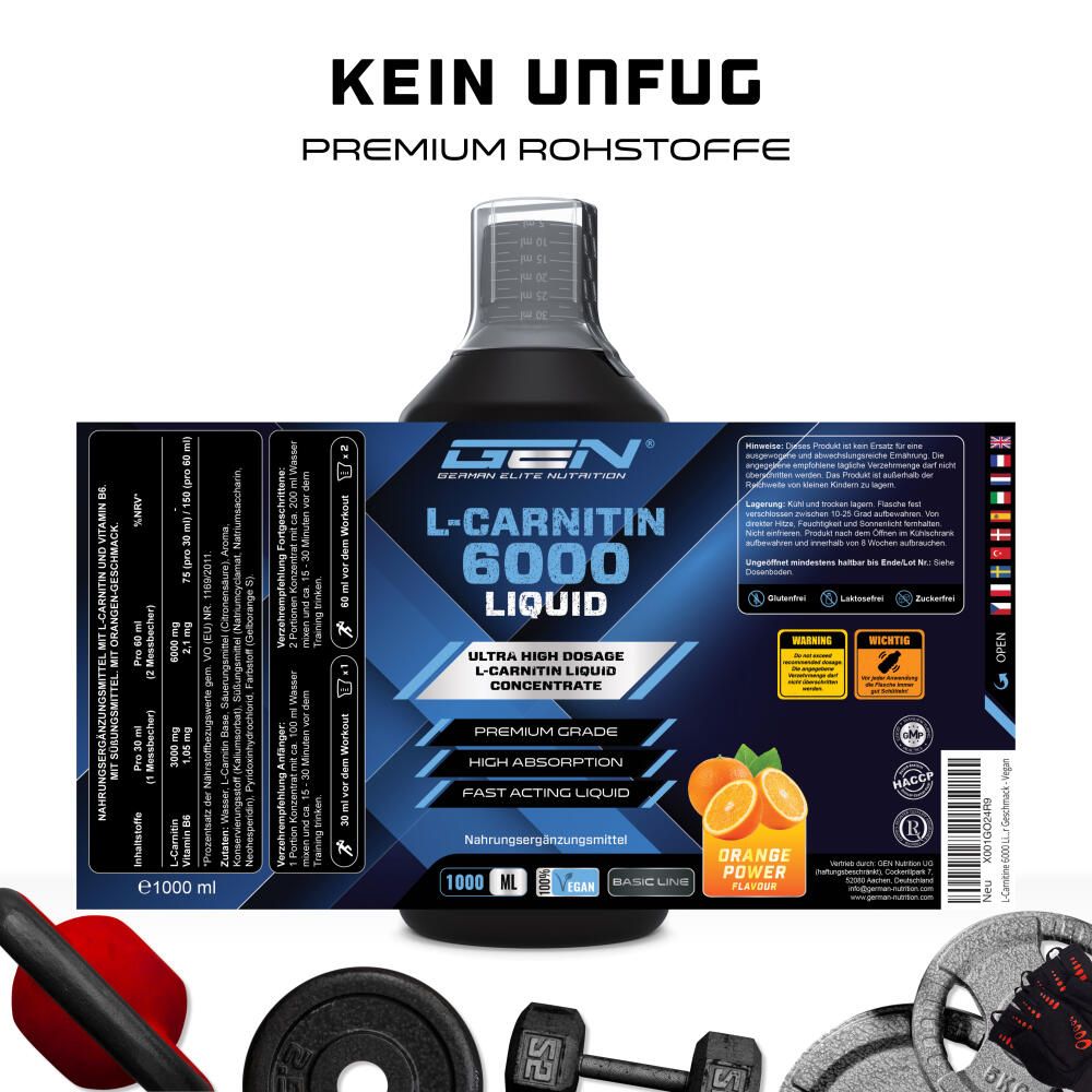 Schwarze Flasche GEN L-Carnitin 6000 Liquid. Etikett mit Text und Orangen. Gewichte und Hantel im Vordergrund.