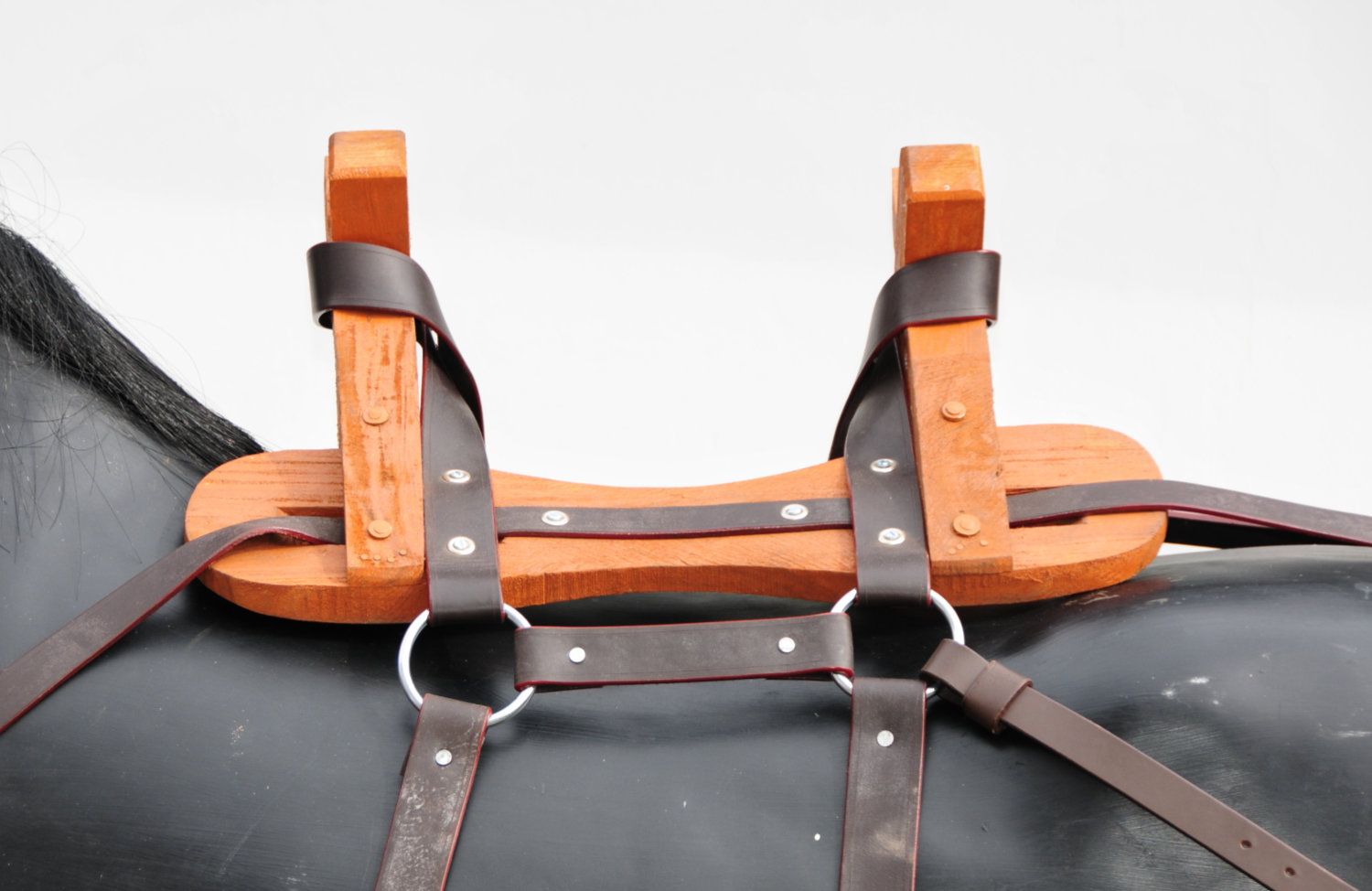 Holz-Packsattel mit Lederbegurtung. Braune Lederriemen, Holzkonstruktion. Detailansicht auf schwarzem Pferd.