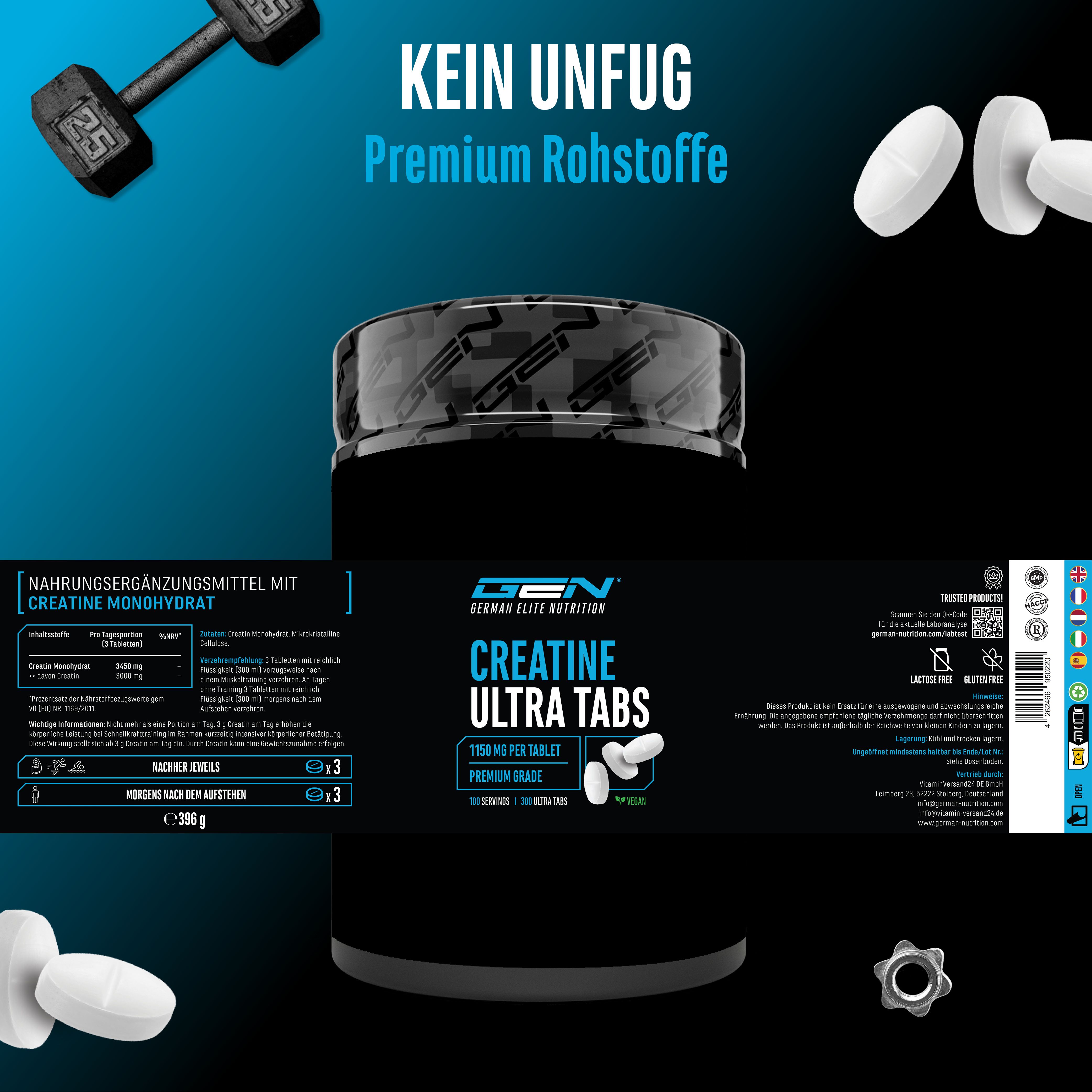 Dose mit Etikett. Enthält Text und Informationen zu Creatine Ultra Tabs. Weiße Tabletten sind abgebildet.