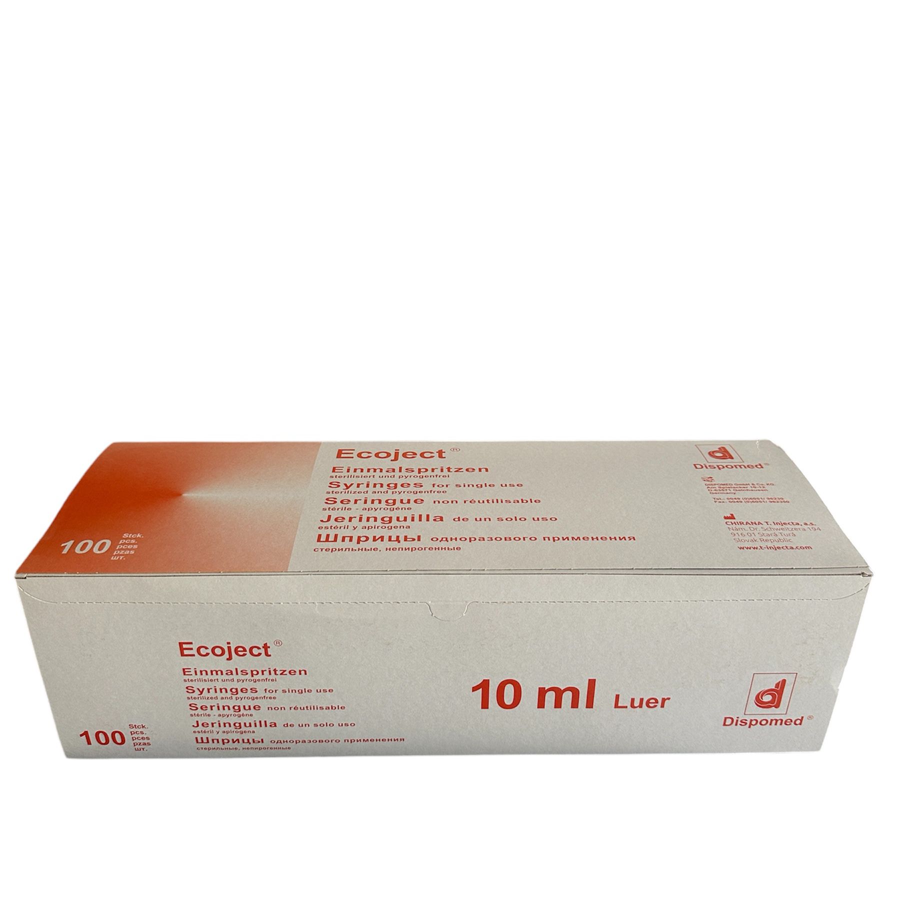 Karton mit Einmalspritzen. Aufschrift "10 ml Luer" und "Dispomed". Enthält 100 Stück. Produktname: Ecoject.