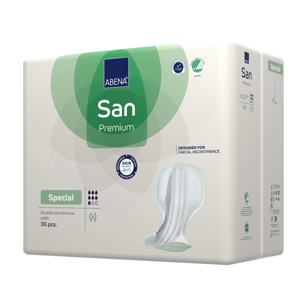 Verpackung mit Inkontinenzeinlagen. Aufschrift: Abena San Premium Special. 30 Stück. Mit Zertifizierungen und Piktogrammen.